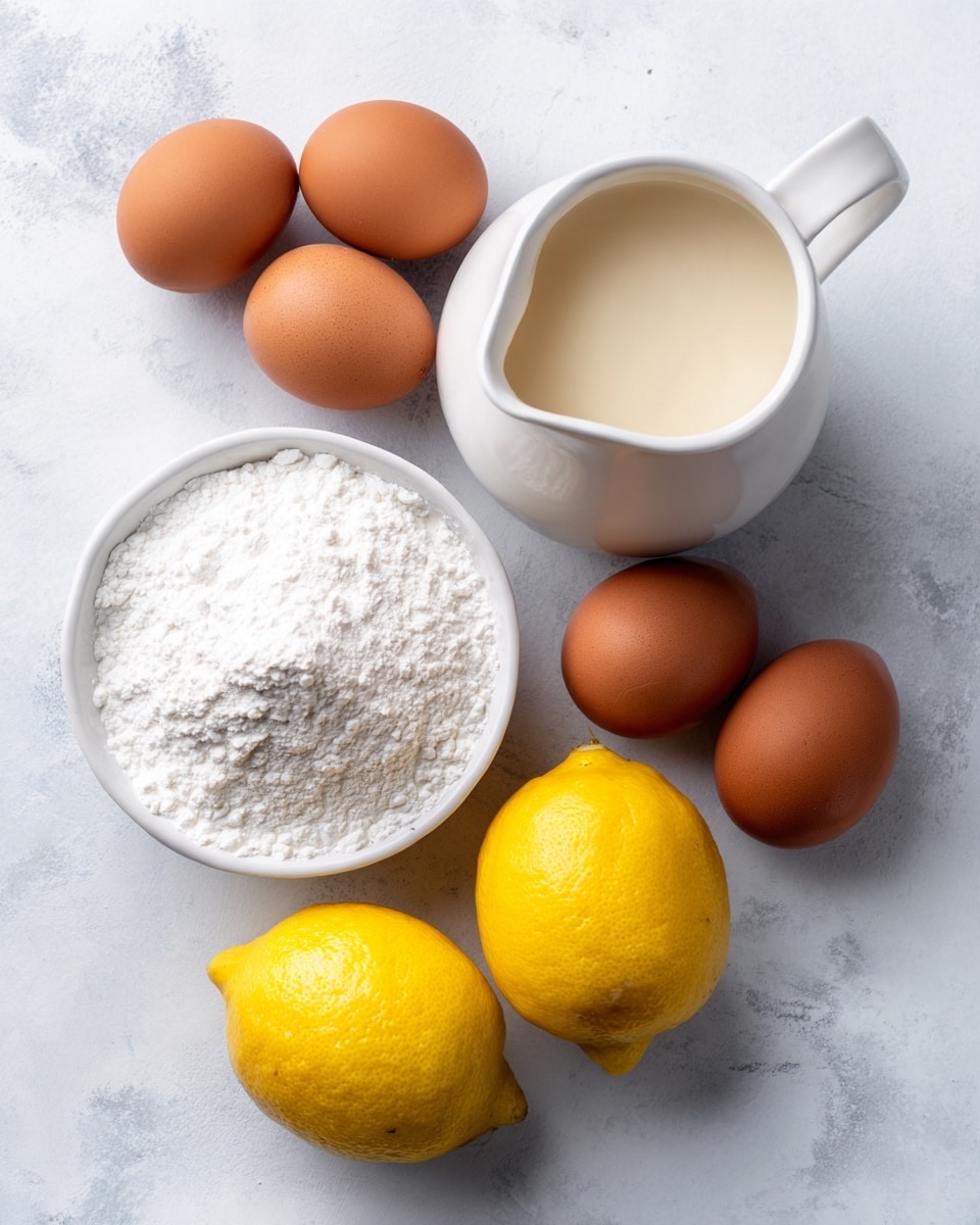The image shows five brown eggs arranged in a casual cluster on a light stone surface. Next to the eggs is a white pitcher filled with a light cream-colored liquid, likely milk. Below the eggs and pitcher, there are two bright yellow lemons placed close together. A white bowl filled with white powdered sugar or flour is also visible near the lemons. The entire setup is on a white marbled surface that gives a clean and soft look. photo taken with an iphone --ar 4:5 --v 7