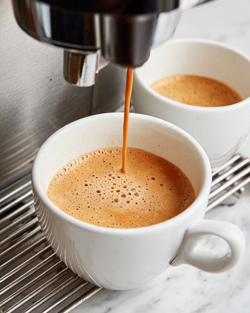 The image shows two close-up views of espresso being poured from a coffee machine into a white cup. The espresso flows in a thin, smooth stream from a dark spout centered above the cup. In the first view, the white cup is empty, positioned on a silver metal grid, with the dark machine parts in the background. In the second view, the cup now holds a layer of creamy, light brown foam with small bubbles on the top, still under the flowing espresso stream. The surface under the cup is a white marbled texture. photo taken with an iphone --ar 4:5 --v 7
