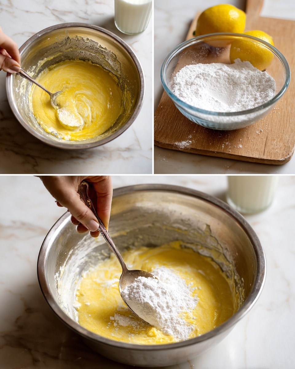 The image shows three side-by-side photos of mixing ingredients in a silver metal bowl on a white marbled surface. The first photo has a yellow mixture with a spoon stirring it, and a wooden board with a lemon and white powder in a glass bowl above the metal bowl. The second photo shows a woman’s hand pouring white powder from a glass bowl into the yellow mixture in the metal bowl on the same surface. The third photo shows a spoon mixing the white powder and yellow mixture, creating a rough textured blend inside the metal bowl. In the background, a glass of milk is partly visible. photo taken with an iphone --ar 4:5 --v 7