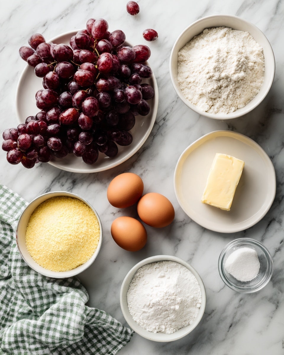 The image shows several cooking ingredients placed on a white marbled surface. At the top left, there is a white plate full of dark purple grapes with a few loose grapes on the marble nearby. To the right of the grapes, there is a white bowl filled with white flour. Below the grapes, there is a small white bowl filled with yellow cornmeal. At the center, four brown eggs lie next to the bowl of flour. To the far right, there is a small white plate holding a yellow solid that looks like butter. Below the eggs, there is a round white dish filled with white granulated sugar, and next to it, a small clear glass container with a white powdery ingredient, possibly baking powder. At the bottom, a green and white checkered cloth is partially visible. The photo is taken with an iphone --ar 4:5 --v 7