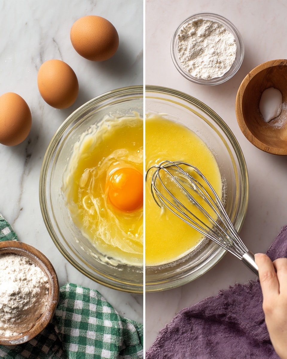 The image is split into two side-by-side photos. Both show a clear glass bowl on a white marbled surface with a green and white checkered cloth underneath. On the left, the bowl contains a thick yellow mixture with some lumps, and an orange egg yolk sits on top, while a whisk rests in the bowl. There are three brown eggs and a small white bowl in the background. On the right, the same bowl shows the yellow mix now smooth and more liquid, being whisked by a woman's hand holding a silver whisk. In the background, there is a wooden bowl with flour and a small clear bowl with white powder, and a purple cloth liner. photo taken with an iphone --ar 4:5 --v 7