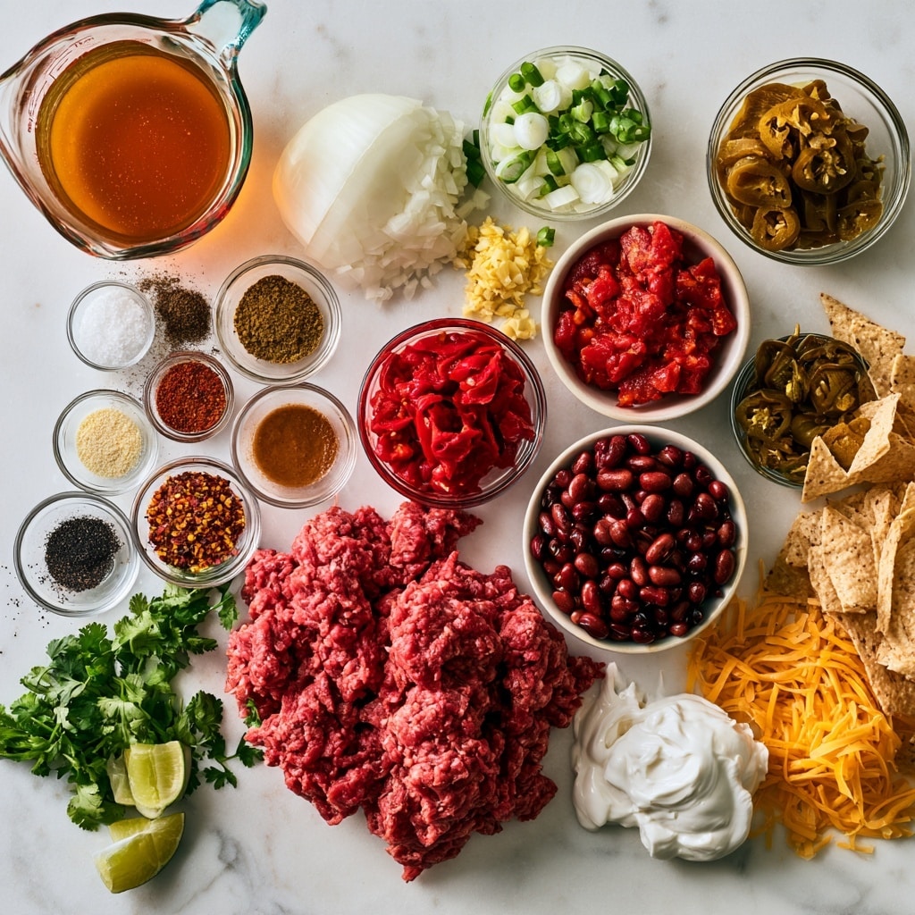 The image shows two side-by-side scenes: on the left, a block of raw, reddish ground meat with visible bits of seasoning sits in a round white pot with dark brown staining inside, resting on a white marbled surface; on the right, many small white onion pieces are spread across a wooden cutting board with a knife placed on the top right edge, also on a white marbled surface. Photo taken with an iphone --ar 4:5 --v 7