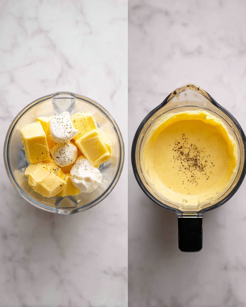 The first image shows the inside of a clear blender jar with chunks of light yellow butter, a few dollops of white cream or similar, and a sprinkle of black pepper on top, all sitting on a white marbled surface. The second image shows the same blender jar now filled about two-thirds with a smooth, light yellow mixture, resting on a black base with a blurred background including a bottle. photo taken with an iphone --ar 4:5 --v 7