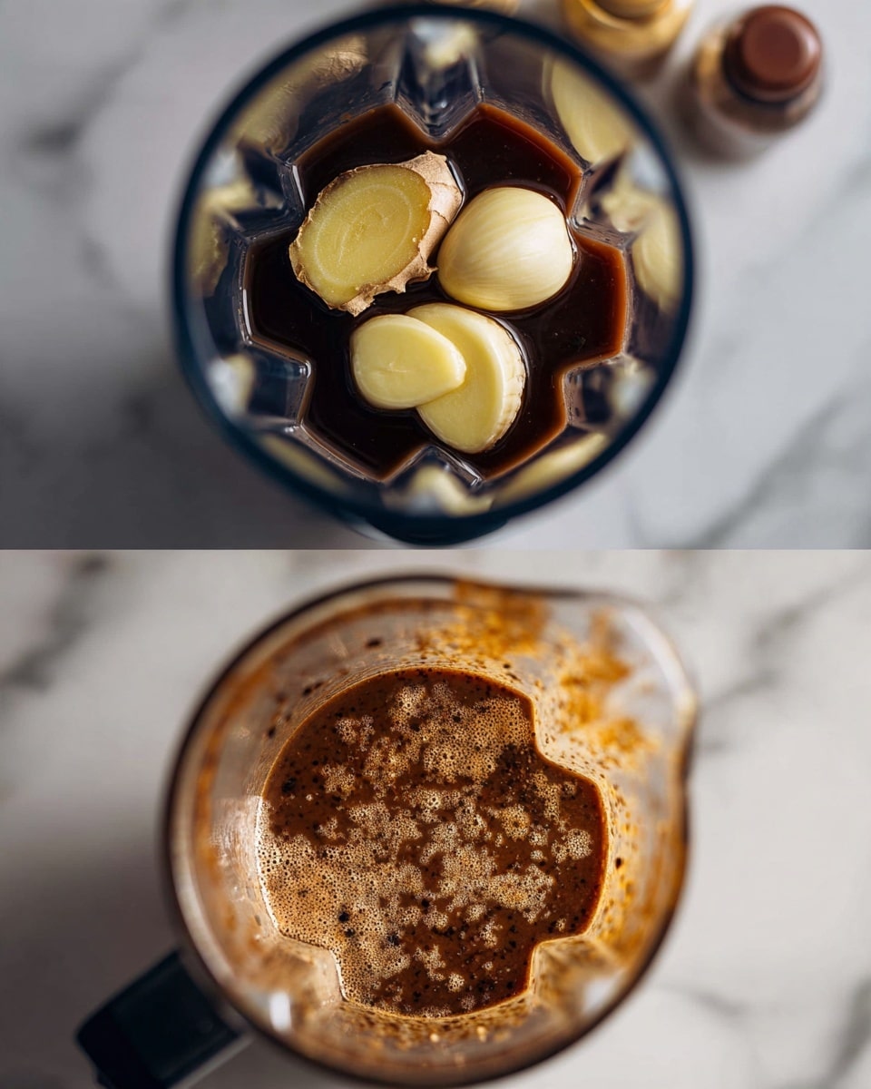 The image shows two parts: the top part is inside a blender with thick dark brown sauce, three pale yellow garlic cloves, and a small chunk of ginger on top, sitting on blender blades. The bottom part shows the blender container filled halfway with a mixed brown sauce that has some pepper and spice specks, with blurred bottles and condiments in the white marbled background. photo taken with an iphone --ar 4:5 --v 7