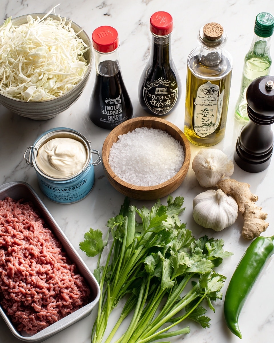 A collection of cooking ingredients arranged on a white marbled surface includes a bag of shredded angel hair coleslaw in the back left, two bottles with red caps labeled hoisin sauce and soy sauce placed side by side near the center, and a bottle of pure sesame oil next to them. A clear bottle of rice vinegar with a green cap stands at the right edge. In front, there is a blue-lidded jar of mayonnaise on the left, a tray of ground beef with a visible nutrition label in the middle, and fresh green onions and leafy cilantro spreading out across the front. A small wooden container filled with white salt and a bulb of garlic are positioned next to a dark pepper grinder. A fresh jalapeño and a piece of ginger root lie on the left side. Photo taken with an iphone --ar 4:5 --v 7