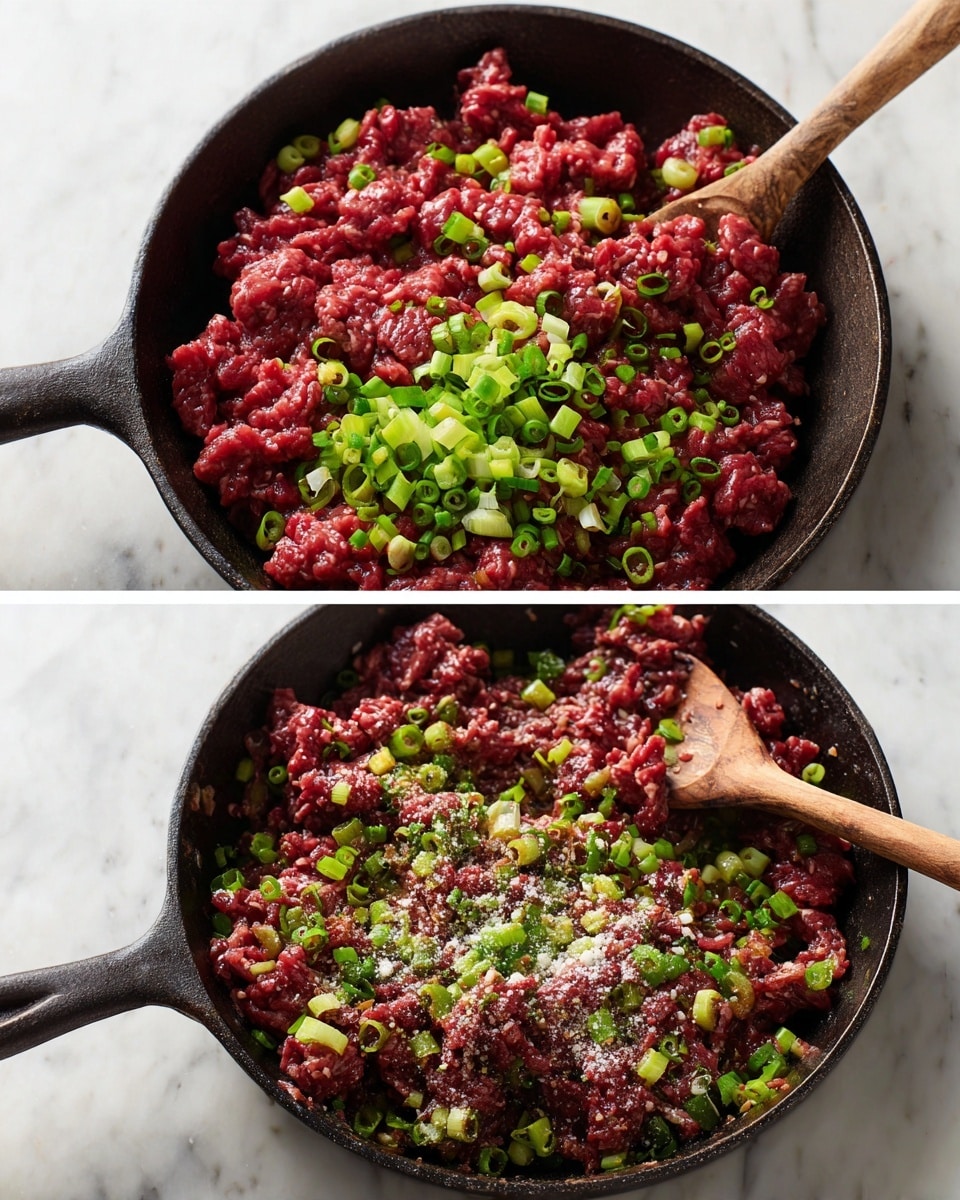 The image shows two views of a black cast iron pan on a white marbled surface, each filled with raw ground beef and chopped green onions. The top view has larger clumps of dark red raw meat spread unevenly with bright green and white chopped green onions scattered on top, and a wooden spoon placed inside the pan. The bottom view is similar but shows the meat partly mixed with the green onions and sprinkled with white granules of salt and specks of black pepper. The textures of the meat are chunky and moist, with the green onions adding fresh color contrast. Photo taken with an iphone --ar 4:5 --v 7