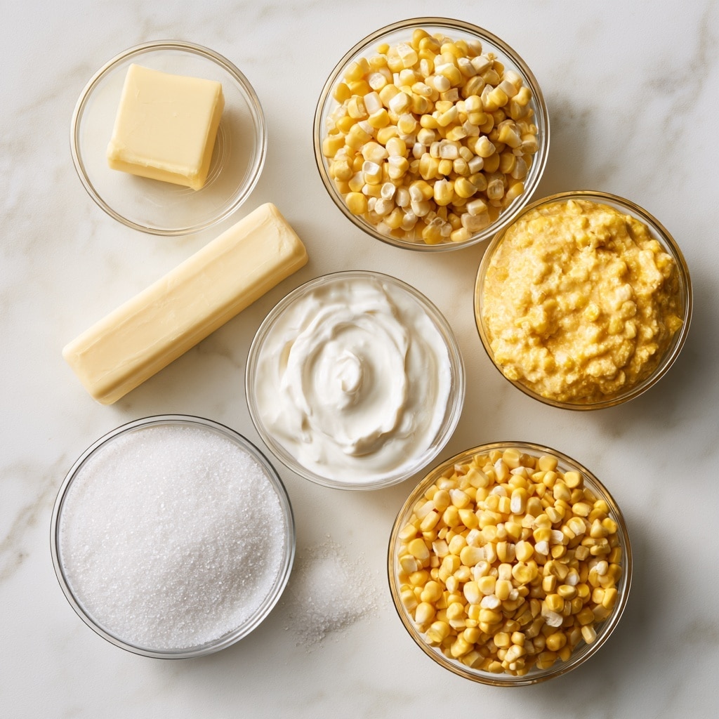 Two clear glass square containers are side by side on a white marbled surface. Both containers have a melted butter layer coating their bottoms in a yellow, shiny liquid texture. In the next step, a thick layer of bright yellow corn kernels is added on top of the butter in each container, heaped unevenly and forming a small pile in the middle. The focus is on the layering of melted butter and corn within the glass containers. Photo taken with an iphone --ar 4:5 --v 7
