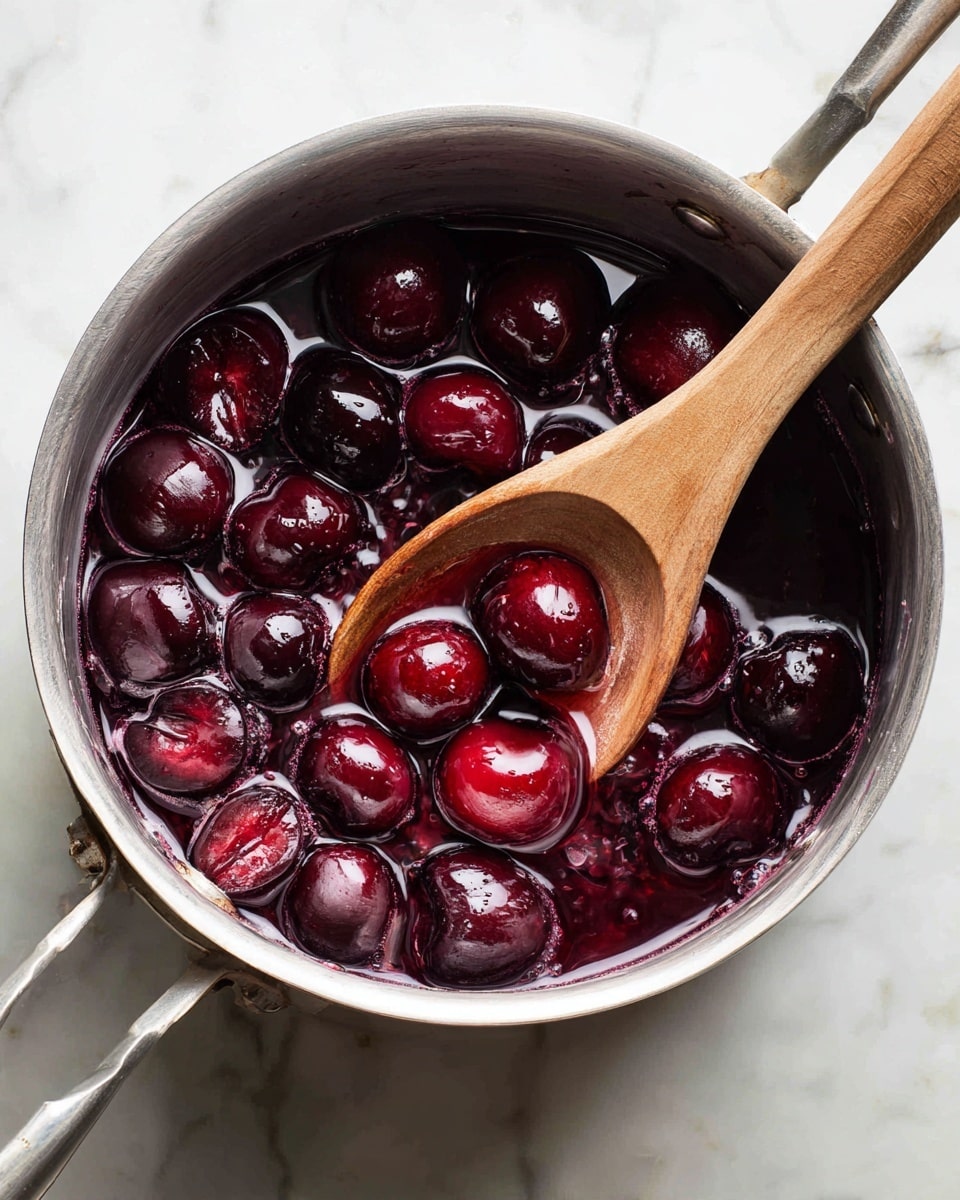 The image shows a silver metal pot filled with whole and halved dark red cherries being cooked, with a rich, glossy, deep red-purple liquid bubbling around them. A wooden spoon is resting inside the pot, partially scooping some of the cherries and syrup, contrasting with the dark fruit. The pot sits on a white marbled surface, which adds a clean and bright background to the vibrant, juicy cherries and their syrup. photo taken with an iphone --ar 4:5 --v 7