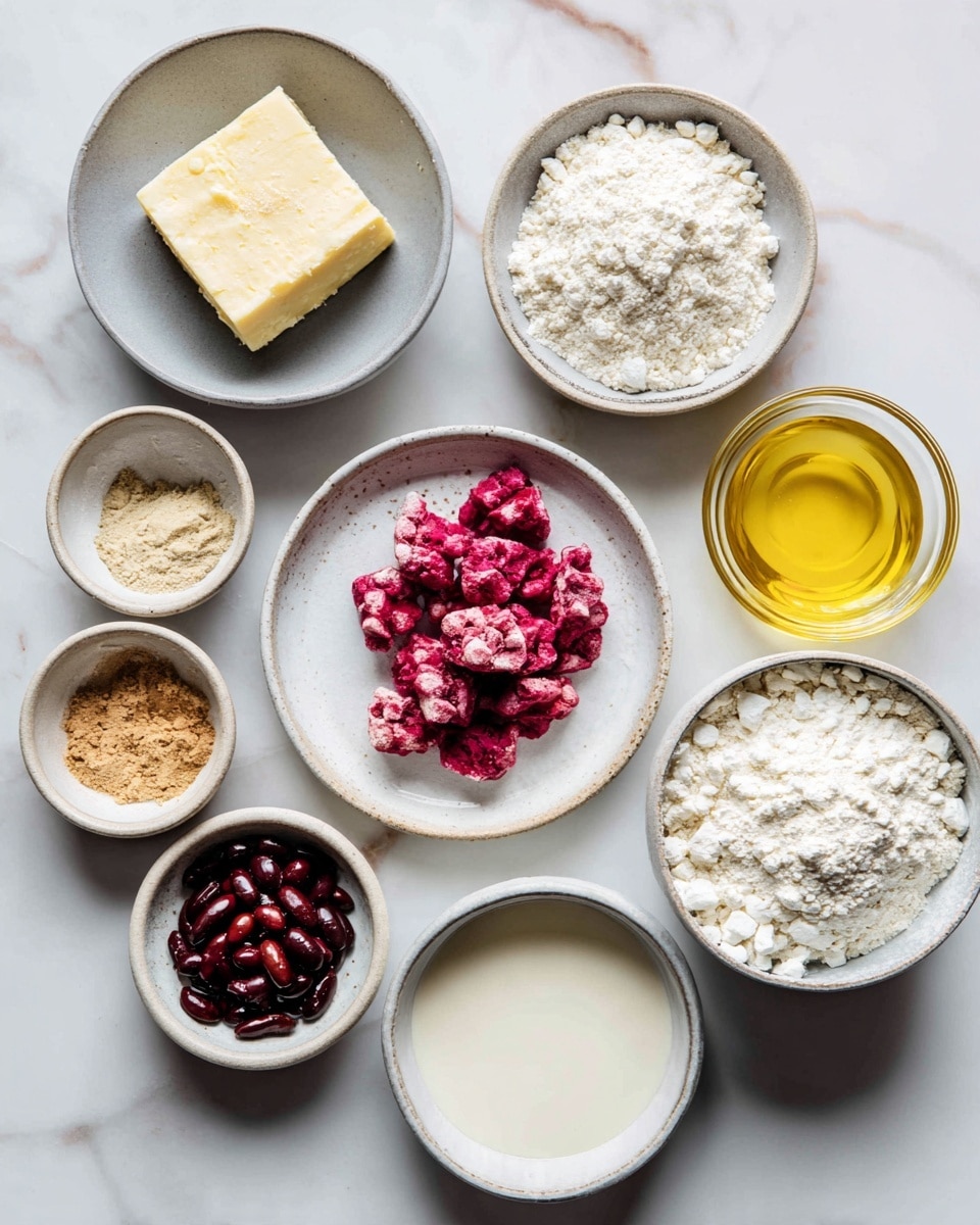 A group of eleven small white bowls and plates are arranged on a white marbled surface, each holding a different ingredient for cooking. Starting from the top left, there is a small block of pale yellow cheese, a bowl filled with light beige flour, and a bowl with white powder. Below these, a white plate sits with bright pink clustered food, next to a glass bowl filled with golden-yellow oil. Next to the oil, there is a tiny bowl holding light brown powder and a small bowl with creamy beige liquid. Below, a tiny white bowl has white liquid, followed by a small plate with shiny dark red beans. Near the bottom left, a bowl holds crumbly brown cooked food, and to the right, a slightly bigger bowl is filled with white flour. All the bowls and plates have a simple grey rim around the edges. photo taken with an iphone --ar 4:5 --v 7