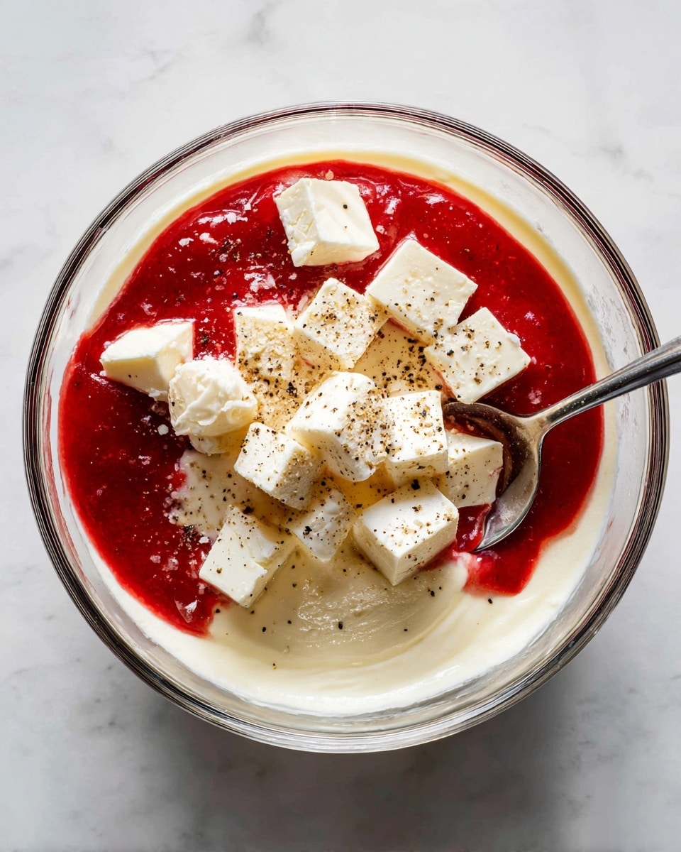 A clear glass bowl sits on a white marbled surface, filled with three main layers: a thick, creamy white base covering most of the bottom and sides, topped with small cubes of white cheese scattered mostly to one side, and a bright red sauce pool with a bit of black pepper sprinkled on both the cheese and cream. A metal spoon rests inside the bowl, partially submerged in the sauce. Photo taken with an iphone --ar 4:5 --v 7