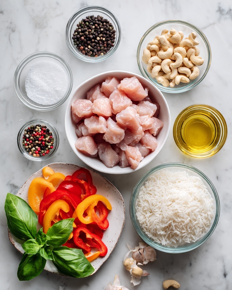 On a white marbled surface, there are several white bowls and glass bowls arranged neatly. The center has a white bowl filled with raw pink chicken chunks. To the right, a glass bowl holds steamed white rice, and next to it is another glass bowl with light golden oil. Above the chicken, a glass bowl contains small black peppercorns. Above that, a white bowl holds garlic cloves with their skins. To the left of the chicken, a small white bowl has granulated white sugar. Below the chicken, a plate with a white interior and light brown edges holds vibrant slices of red and orange bell peppers. Next to it, a glass bowl is filled with pale brown cashews. Fresh green basil leaves lie on the left side with some multicolored peppercorns in a small glass bowl nearby. The whole setup is clean and organized. photo taken with an iphone --ar 4:5 --v 7