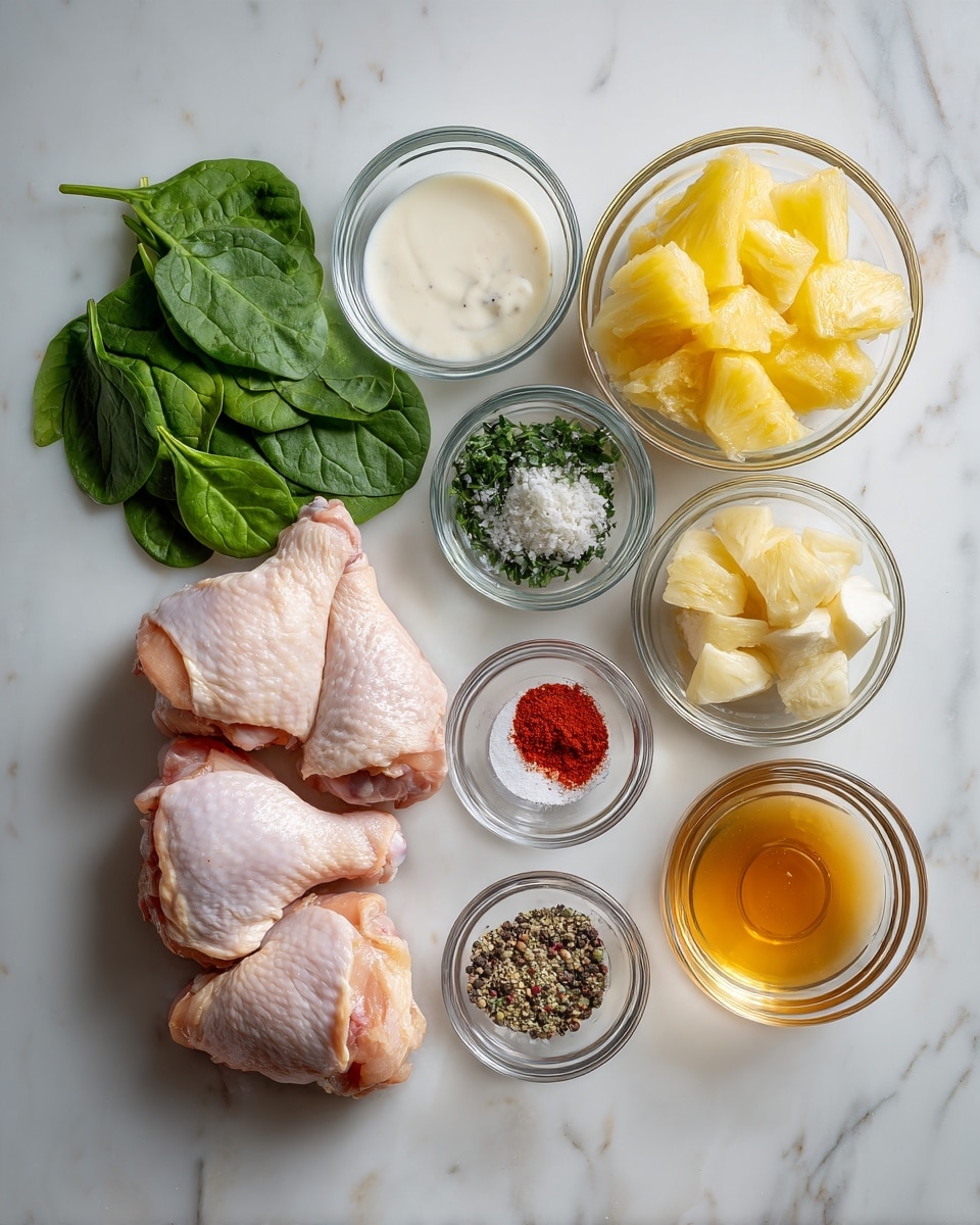 The image shows a top-down view of fresh chicken thighs arranged in two vertical columns of three pieces each on a white marbled surface. To the left of the chicken, there are six small glass bowls and piles of fresh spinach leaves, filled with varied ingredients: the top bowl contains a white creamy sauce, the second has chopped fresh spinach, the third holds coarse salt on a layer of granulated garlic, and the largest bowl is filled with bright yellow pineapple chunks. To the right of the chicken thighs, from top to bottom, there are five small bowls: the top one holds pineapple pieces, the next contains coarse white salt, the middle one is filled with bright red powder, likely a spice, and the bottom bowls contain a translucent amber liquid and a blend of black and white pepper with coarse salt on top. The surface and background are white marble. Photo taken with an iphone --ar 4:5 --v 7