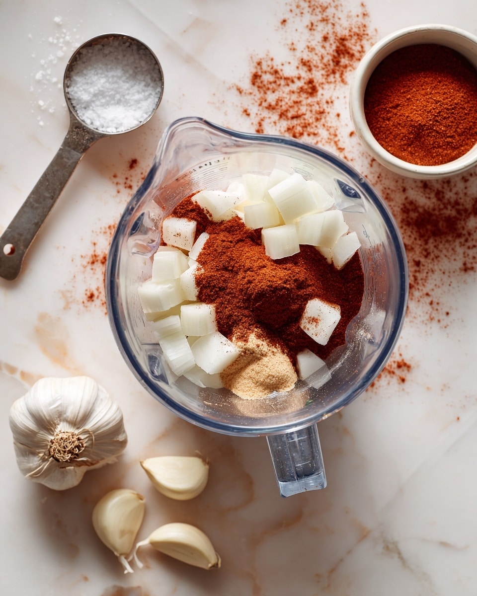 A clear blender container is centered on a white marbled surface, filled with three layers: diced white onions with a smooth texture, a heap of bright reddish brown powdered spice, and a small amount of beige powder beneath the spice. To the left of the blender, three garlic cloves lie on the surface, and near the top left, part of a metal measuring spoon with coarse salt is visible. In the top right, there is a small white cup filled with the same reddish brown powder with a little spilled on the surface. Photo taken with an iphone --ar 4:5 --v 7