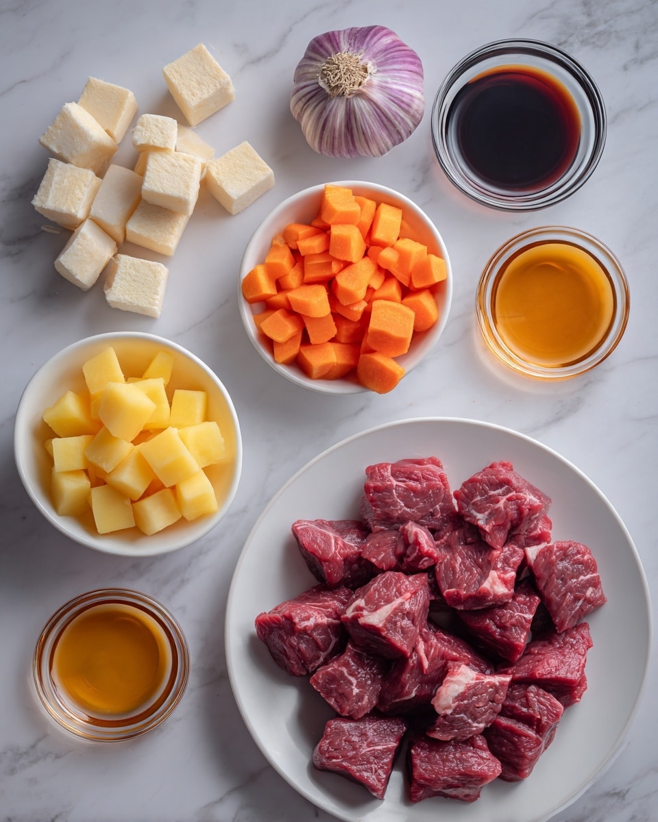 The image shows ingredients arranged neatly on a white marbled surface. There is a white plate at the bottom right with about ten dark red beef cubes, some showing white fat veins. Above the plate, three small white bowls hold different items: sliced bright orange carrots, small yellow potato cubes, and a fine beige powder. To the left of the meat plate, six pale cubed pieces are placed directly on the surface. Above these cubes, a round garlic bulb with purple stripes sits next to two small glass bowls with dark and amber liquids. The colors are vibrant and the items are evenly spaced with soft natural light. Photo taken with an iphone --ar 4:5 --v 7
