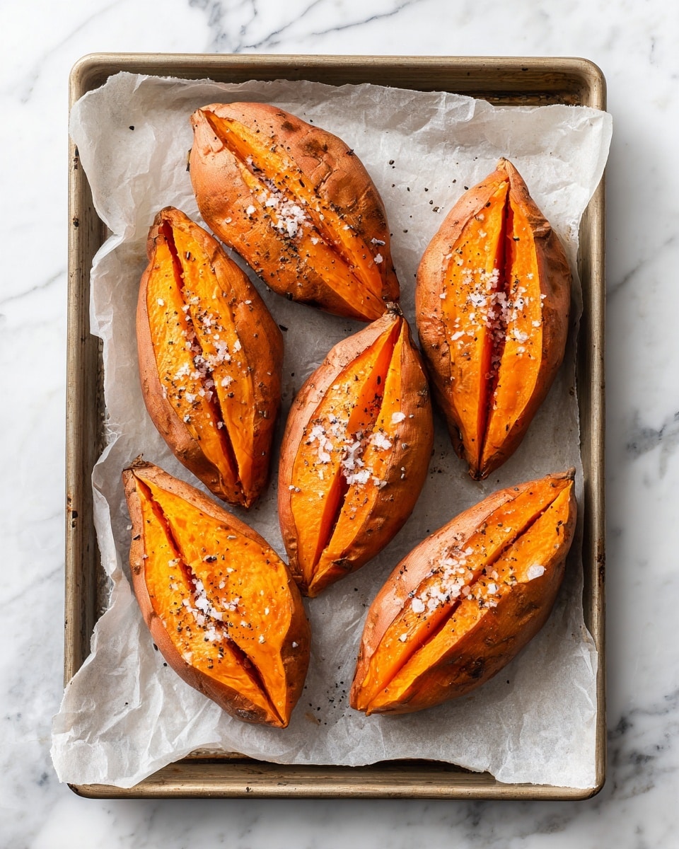 The image shows five baked sweet potatoes arranged on a baking tray lined with parchment paper. Each sweet potato has three shallow diagonal cuts on the top, with a golden-brown, slightly crispy skin sprinkled with coarse salt and black pepper, giving a textured appearance. The sweet potatoes are shiny, likely from a light coating of oil, and their natural orange color contrasts with the darker seasoning. The tray rests on a white marbled surface. Photo taken with an iphone --ar 4:5 --v 7