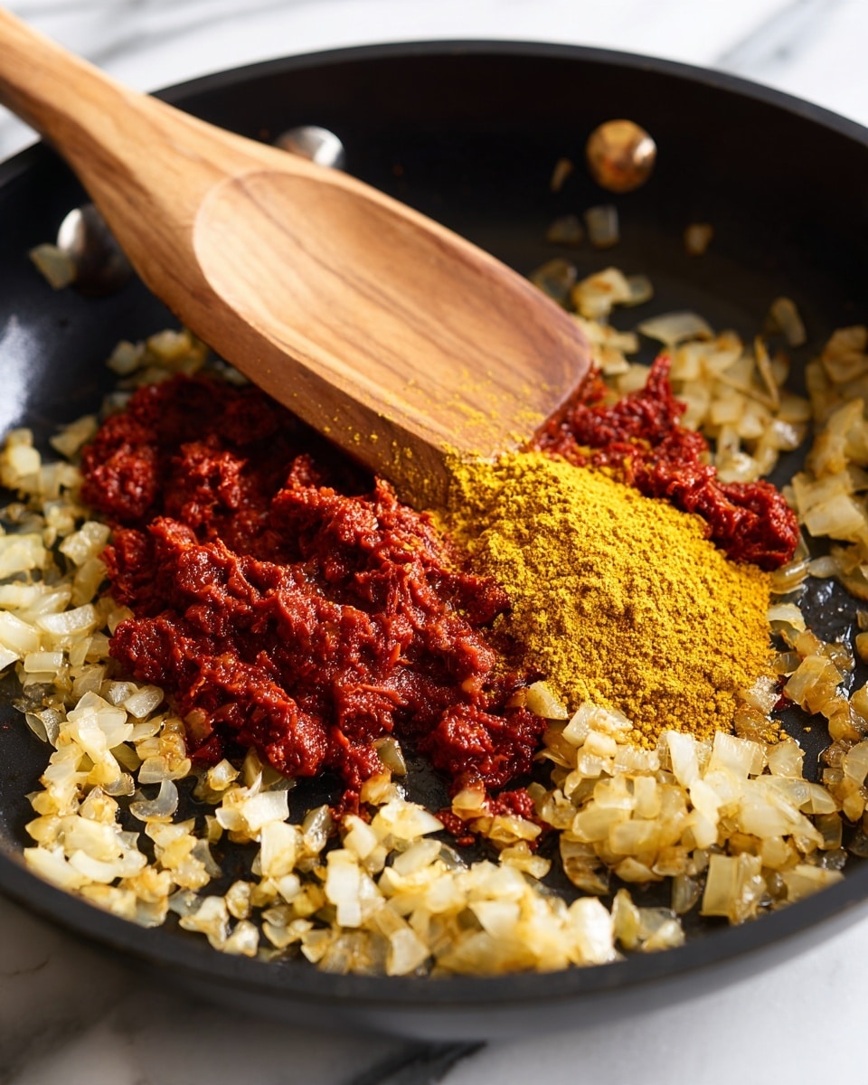 A close-up view of a black pan with small pieces of golden-brown chopped onion spread across the bottom layer, mixed with bits of red tomato paste. On top in the center, there is a bright yellow pile of ground spice, next to a rich red heap of more tomato paste. A wooden spoon is scooping some of the spice and tomato paste mix from the middle. The pan is set on a white marbled surface. Photo taken with an iphone --ar 4:5 --v 7