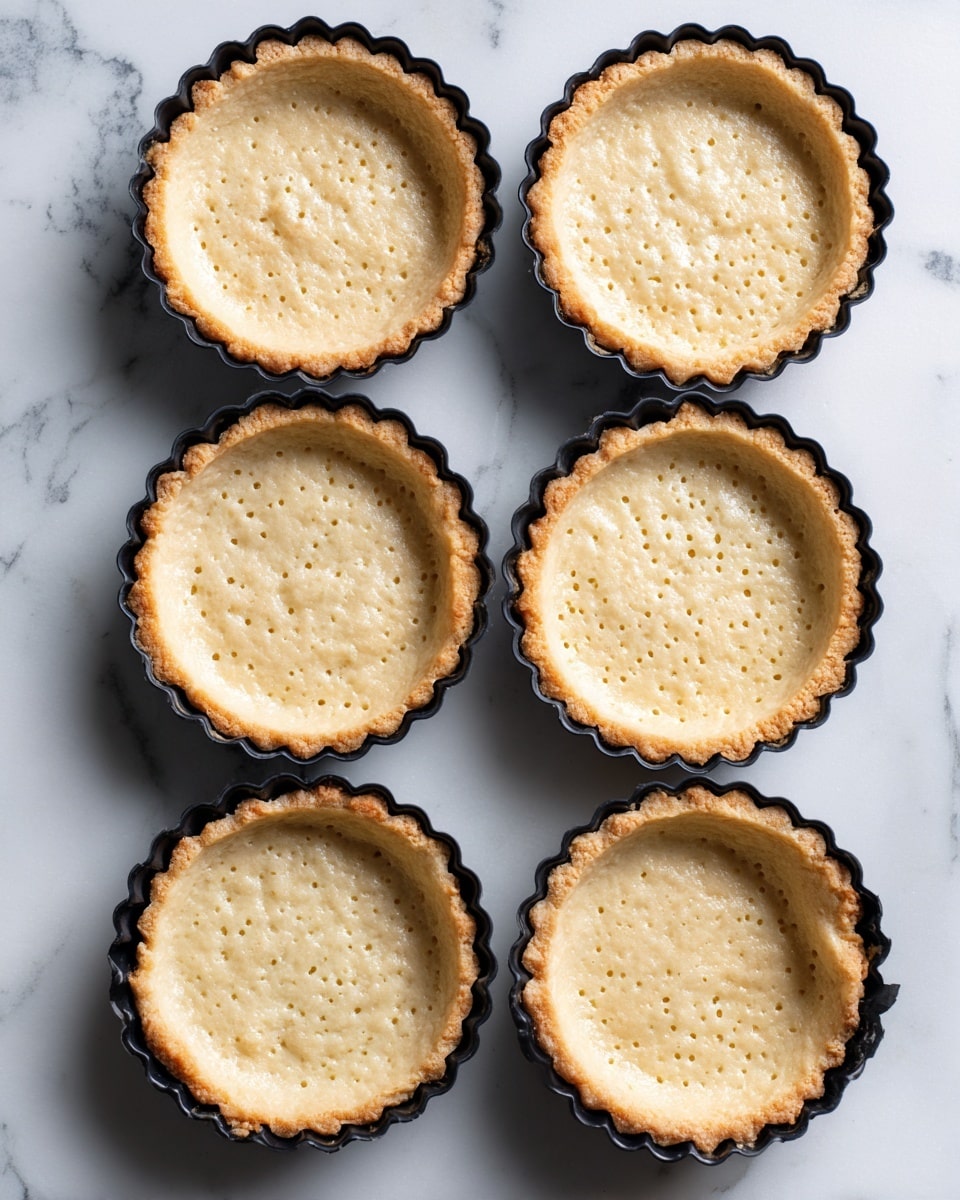 Six small tart shells are arranged in two rows of three on a white marbled surface. Each tart shell is golden brown with slightly darker edges and has a scalloped edge shape. The inside of each tart shell shows a pale golden dough base with small holes evenly poked across its surface. The shells are in black tart pans that contrast with the light dough and white marbled background. The texture of the dough looks firm but light, with delicate browning from baking. Photo taken with an iphone --ar 4:5 --v 7