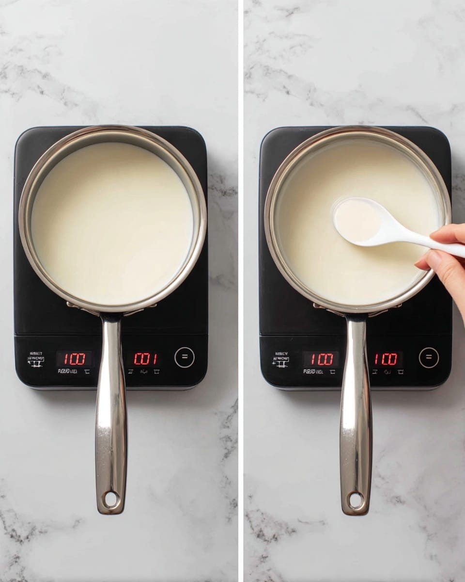 The image shows two saucepans from above with milk inside, sitting on a black stove top with a white marbled surface around it. Both saucepans have smooth, creamy white milk filling most of the pan. On the right side image, a woman's hand is holding a small white spoon above the saucepan, with some milk in the spoon. The stove top control displays the number