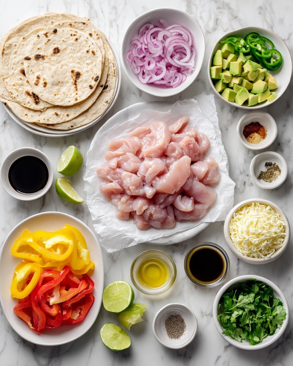 The image shows many ingredients neatly arranged on a white marbled surface. In the center, there is a pile of raw pink chicken strips on white parchment paper. Around it, there is a white plate with sliced red, yellow, and green bell peppers on the bottom left. Above it, a small white bowl holds green chili slices. To the left, a white plate has lightly browned tortillas stacked together. Above it are small white bowls with sliced red onions, minced garlic, chili powder, black pepper, and salt. To the right of the chicken, there is a small white bowl with lime wedges, a white bowl with avocado slices placed on a white plate, and fresh green cilantro on the far right. Near the bottom center, there are small white bowls with olive oil, soy sauce, lime zest, and lime juice. On the top right are bowls filled with mashed pineapple, creamy white sauce, and crumbly cheese. Photo taken with an iphone --ar 4:5 --v 7