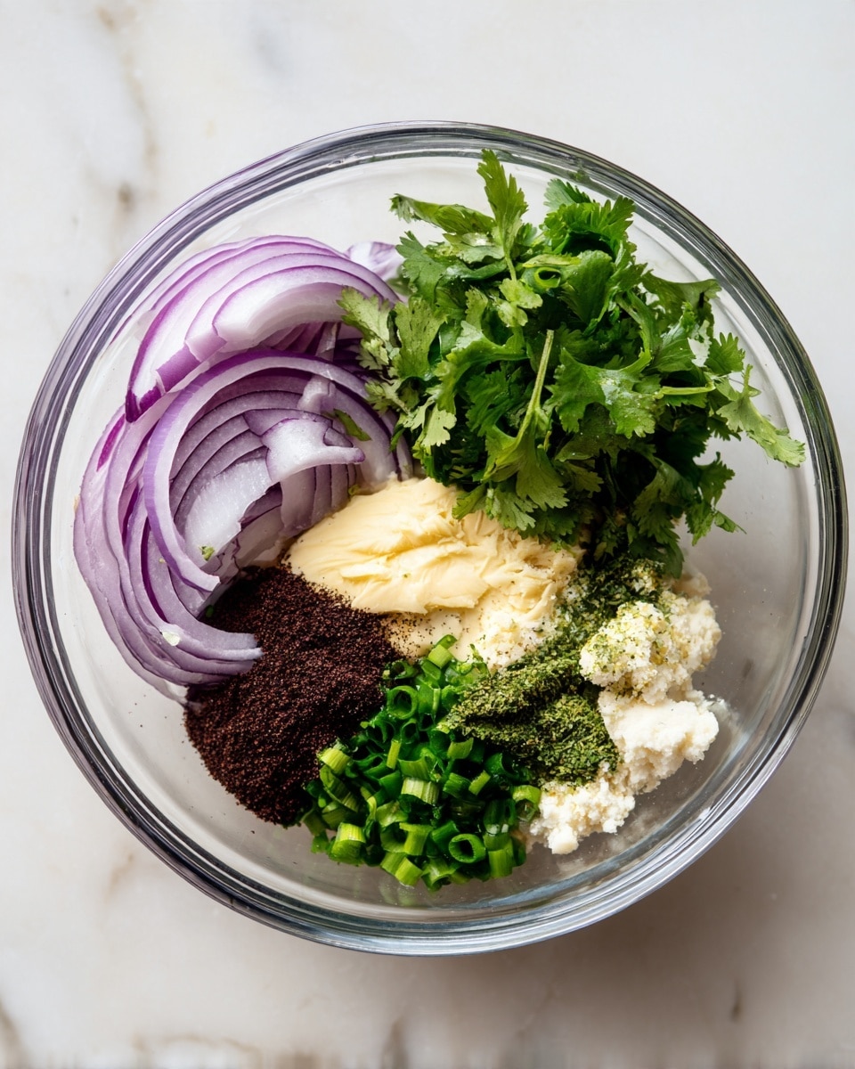 A clear glass bowl holding a mix of ingredients separated into small piles. On the top left are thin, curved slices of purple onion. To the right, there is a small bunch of fresh green cilantro leaves. Below the cilantro is a light yellow creamy layer with a soft texture. At the bottom, there is a pile of finely chopped pale garlic. To the left of the garlic is a cluster of bright green finely chopped scallions. In the center is a dark brown powder next to a small mound of white creamy substance and a bright green zest. The bowl is placed on a white marbled surface. photo taken with an iphone --ar 4:5 --v 7