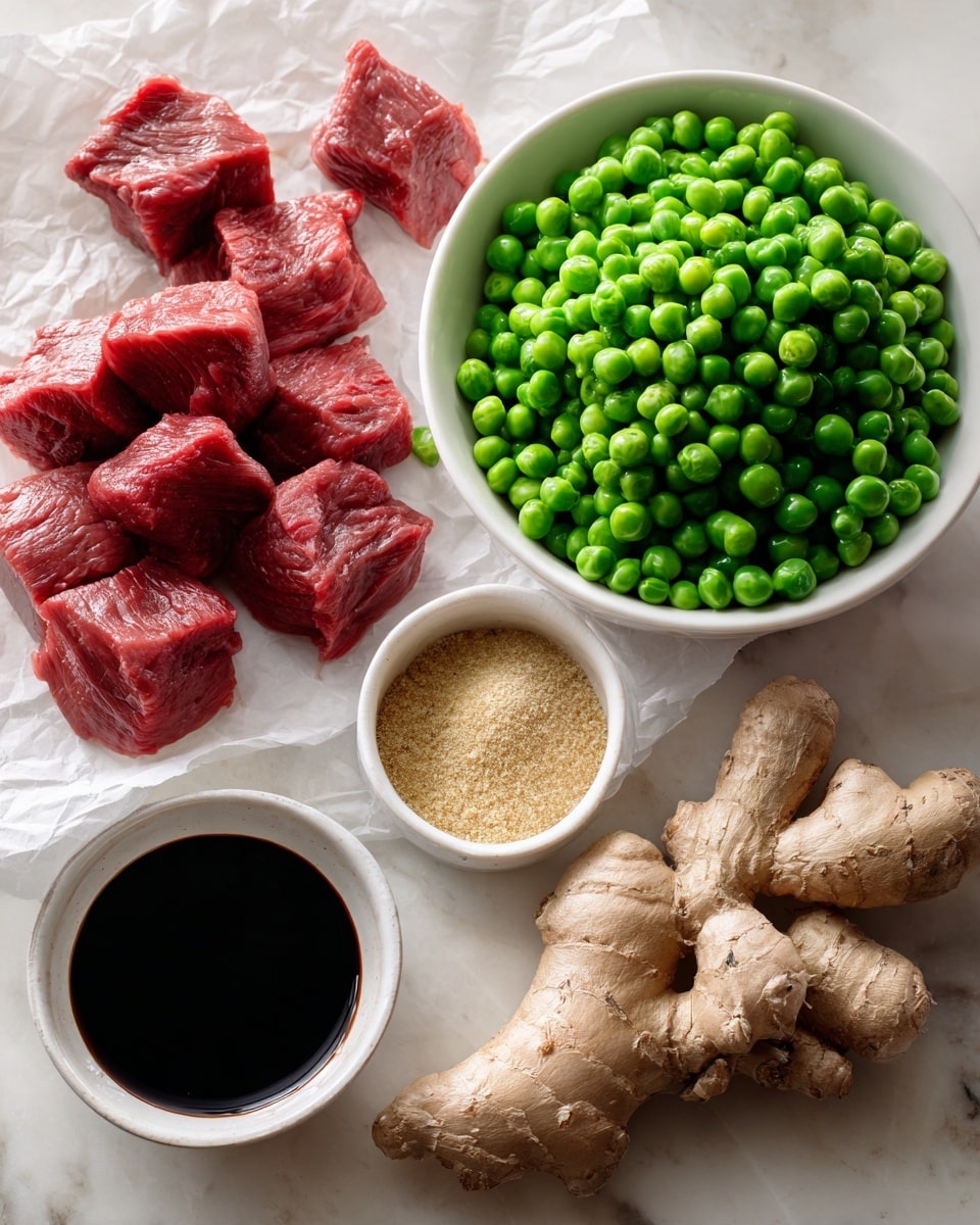 The image shows five main ingredients arranged on a white marbled surface with soft natural light. At the top left, there are several chunks of raw red meat placed on white parchment paper. To the right, a white bowl is filled with bright green frozen peas that have a slightly snowy texture. Below the peas, a fresh piece of light brown ginger root with a rough and knobby texture lies on the surface. To the right of the ginger, there is a small white bowl holding light brown, finely ground powder. Below the meat and left of the ginger, there is a small white bowl containing a dark liquid, almost black in color, with a shiny surface that reflects the light. photo taken with an iphone --ar 4:5 --v 7