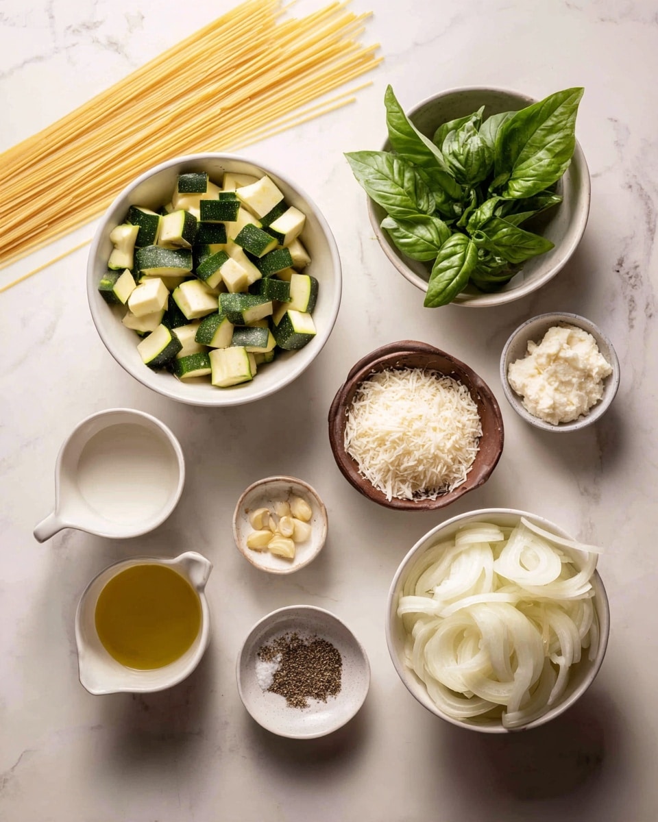 The image shows several bowls and cups filled with cooking ingredients arranged on a white marbled surface. There is a large white bowl filled with small pieces of green zucchini on the bottom left. Above it, a smaller bowl holds fresh green basil leaves. To the right, there is a brown bowl with a heap of grated white cheese and next to it, a cup of golden oil. Below the oil is a white cup filled with a white liquid, likely cream. A small white bowl with minced garlic is placed near a tiny light brown bowl of coarse salt and another small bowl with ground black pepper. To the right is a large white bowl filled with sliced white onions. On the top left, there are long, curly, uncooked pasta pieces laid diagonally. The photo is taken with an iphone --ar 4:5 --v 7