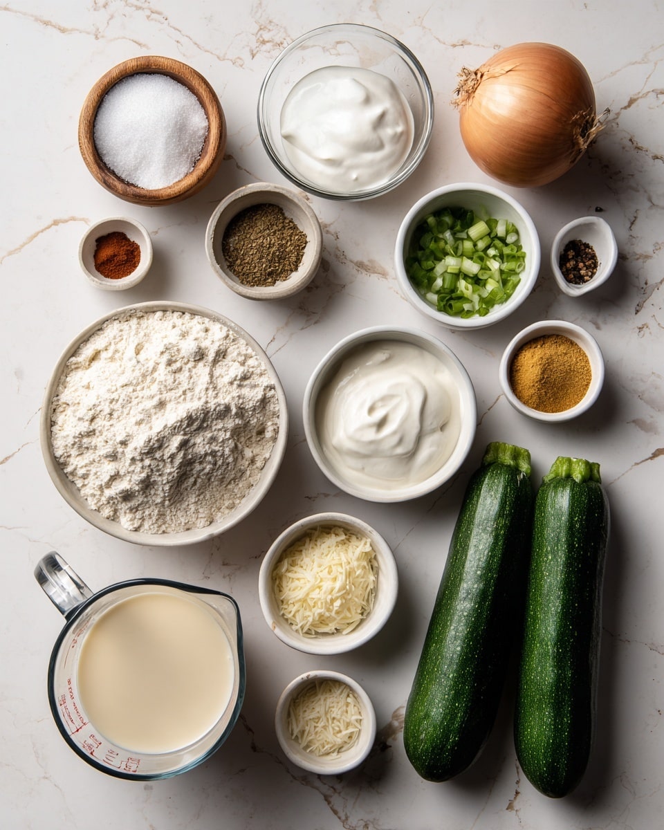 The image shows a white marbled tiled surface with various cooking ingredients neatly arranged. There are three whole green zucchinis on the right, next to a small white bowl of thick white cream and a clear measuring cup filled with milk below them. Above these are small white bowls containing coarse salt, ground black pepper, and a wooden bowl of mixed spices. Moving left, a large white bowl holds flour, and next to that is a small white bowl of chopped green onions. Other small white bowls contain a yellow powder, white powder, and finely shredded white substance. There's also a whole onion and a brown egg. A clear glass measuring cup filled with a pale yellow liquid is placed on the bottom left side. The items are all clean and sharply visible, placed on a white marbled texture. A woman's hand is not visible in the scene. Photo taken with an iphone --ar 4:5 --v 7