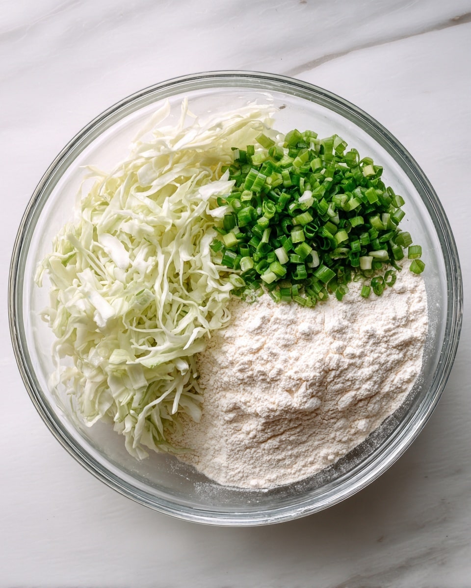 A clear glass bowl on a white marbled surface holds three main layers of ingredients separated in sections: finely shredded white cabbage on the left, a pile of white flour on the right, and freshly chopped green onions placed on top at the back center. The bowl is viewed from above, showing the distinct colors and soft textures of each ingredient clearly. Photo taken with an iphone --ar 4:5 --v 7
