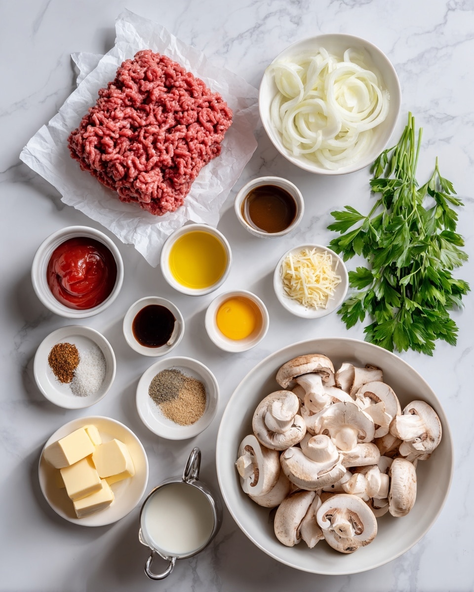 The image shows many ingredients for cooking, arranged neatly on a white marbled surface. In the center, there is a mound of raw ground meat sitting on white paper. To the right, a large white bowl is full of sliced white mushrooms. Around the meat and mushrooms, several small white bowls hold different ingredients like chopped garlic, yellow liquid oil, dark soy sauce, light brown grainy powders, red ketchup, dry herbs, and salt and pepper in small round containers. Thin white onion strips lie in a white bowl near the top left. There are also sticks of butter and a small cup of milk in a silver measure cup. A bunch of fresh green parsley leaves rests on the right side. Everything is organized clearly on the white marbled background, making each ingredient easy to see photo taken with an iphone --ar 4:5 --v 7