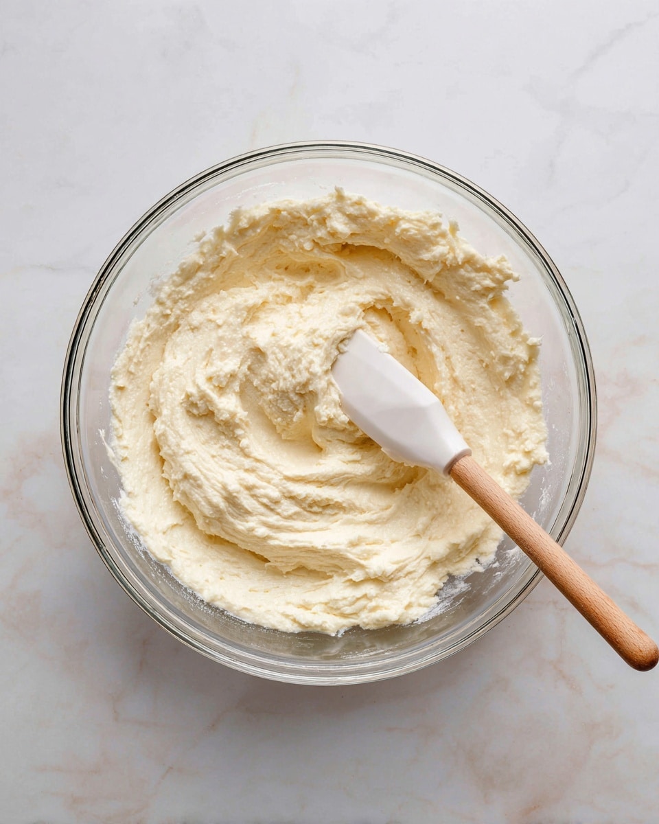 A clear glass bowl sits on a white marbled surface, filled with a thick, creamy mixture that looks slightly lumpy with a light beige and white color. A white spatula with a wooden handle rests inside the bowl, partially covering the mixture which appears soft and sticky. The overall scene is clean and bright, with the texture of the mix showing some small curd-like clumps mixed into the cream. photo taken with an iphone --ar 4:5 --v 7