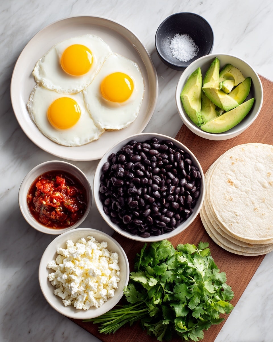 The image shows several ingredients laid out on a white marbled surface: four sunny-side-up eggs with bright yellow yolks on a white plate on the left, a small dark bowl of salt above the eggs, and a small white bowl filled with sliced green avocado to the top right of the salt. Below the avocado is a large white bowl of black beans, and to its right is a bunch of fresh green cilantro. In the center, there is a stack of white corn tortillas on a wooden board. Below the eggs is a medium white bowl filled with crumbly white cheese, and next to it on the bottom left corner is a small white bowl of red salsa with visible chunks and herbs. Photo taken with an iphone --ar 4:5 --v 7