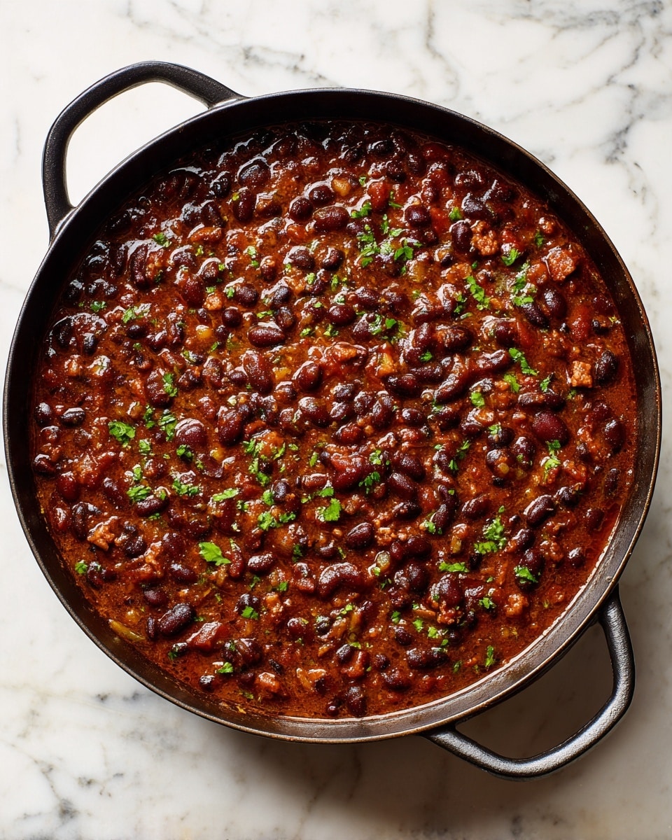 A black cast iron pan filled with a thick mix of dark red and black beans with bits of green herbs and small pieces of cooked meat, all mixed together in a rich, dark brown sauce. The pan is placed on a white marbled surface, showing the textured stew beneath the light. The stew looks hearty and dense with a slight shine on the surface from the sauce photo taken with an iphone --ar 4:5 --v 7