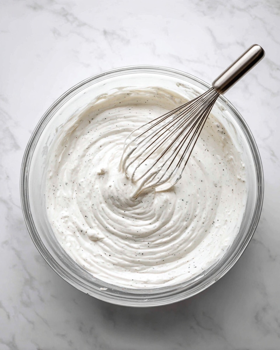 A clear glass mixing bowl filled with thick, creamy white whipped mixture that has tiny black specks throughout, showing a smooth texture with soft peaks and swirls; a metal whisk attachment, slightly coated with the mixture, is resting inside the bowl, angled towards the right side; the bowl is placed on a white marbled surface. photo taken with an iphone --ar 4:5 --v 7