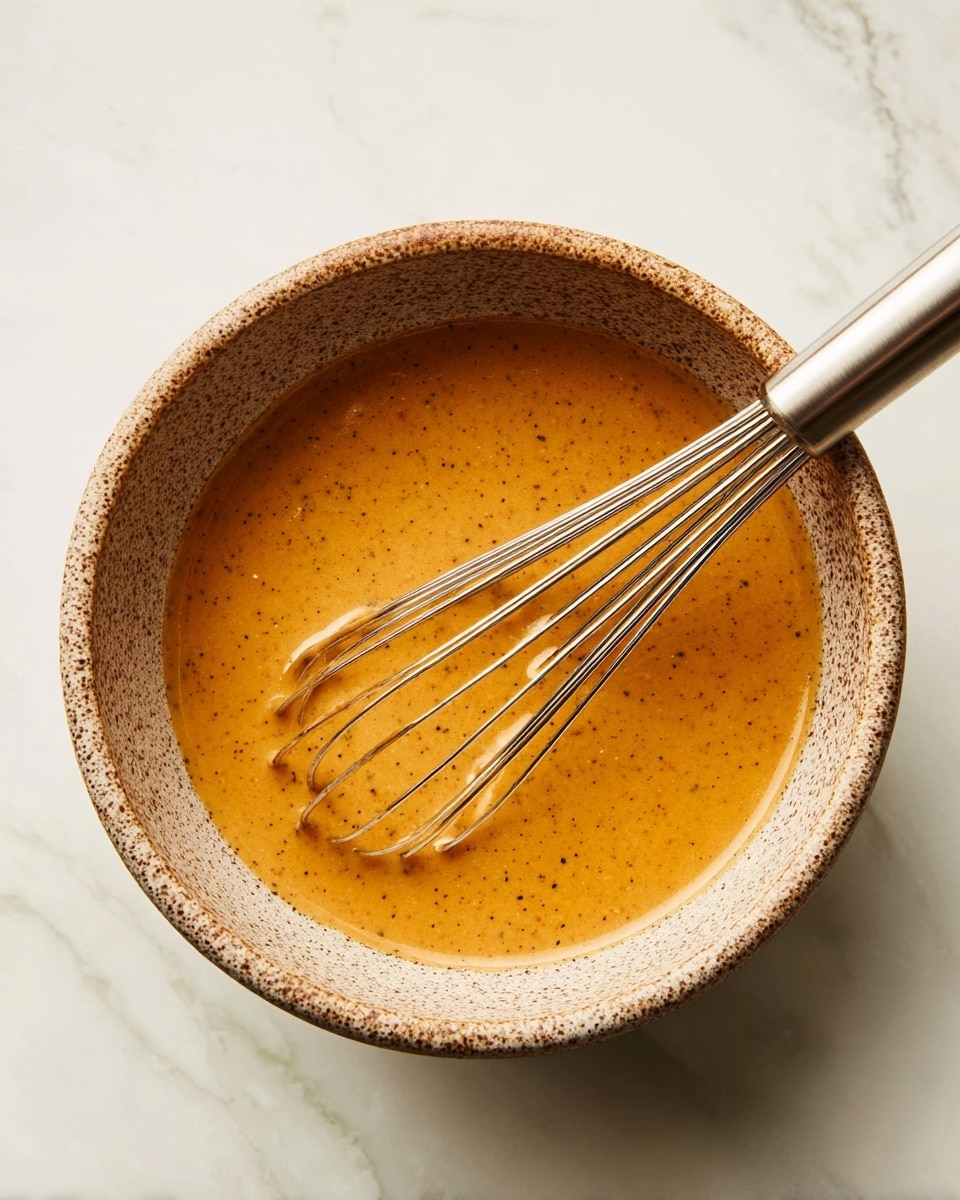 A round, speckled brown ceramic bowl holds a smooth, thick sauce that is a rich orange color with tiny darker flecks throughout. A stainless steel whisk with thin wires is partially submerged in the sauce, resting toward the right side of the bowl. The bowl sits on a white marbled surface, adding a clean and bright background to the warm tones of the sauce and bowl. photo taken with an iphone --ar 4:5 --v 7
