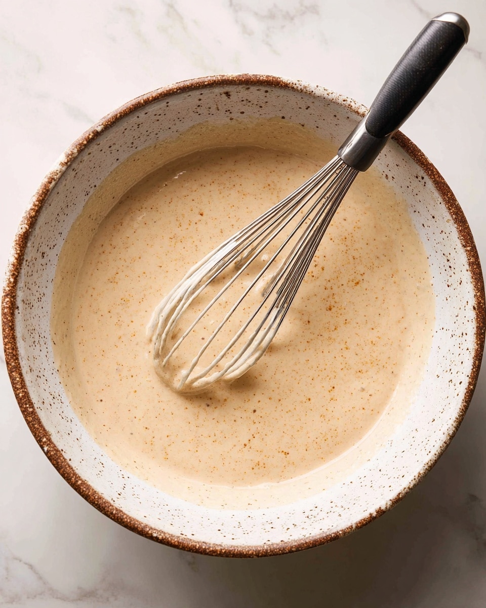 A large white bowl with brown speckled edges is filled with a smooth, light beige batter. A silver whisk with a black handle rests inside the bowl, partially submerged in the batter. The surface the bowl is on has a white marbled texture. The batter looks thick and creamy, coating the whisk gently. photo taken with an iphone --ar 4:5 --v 7