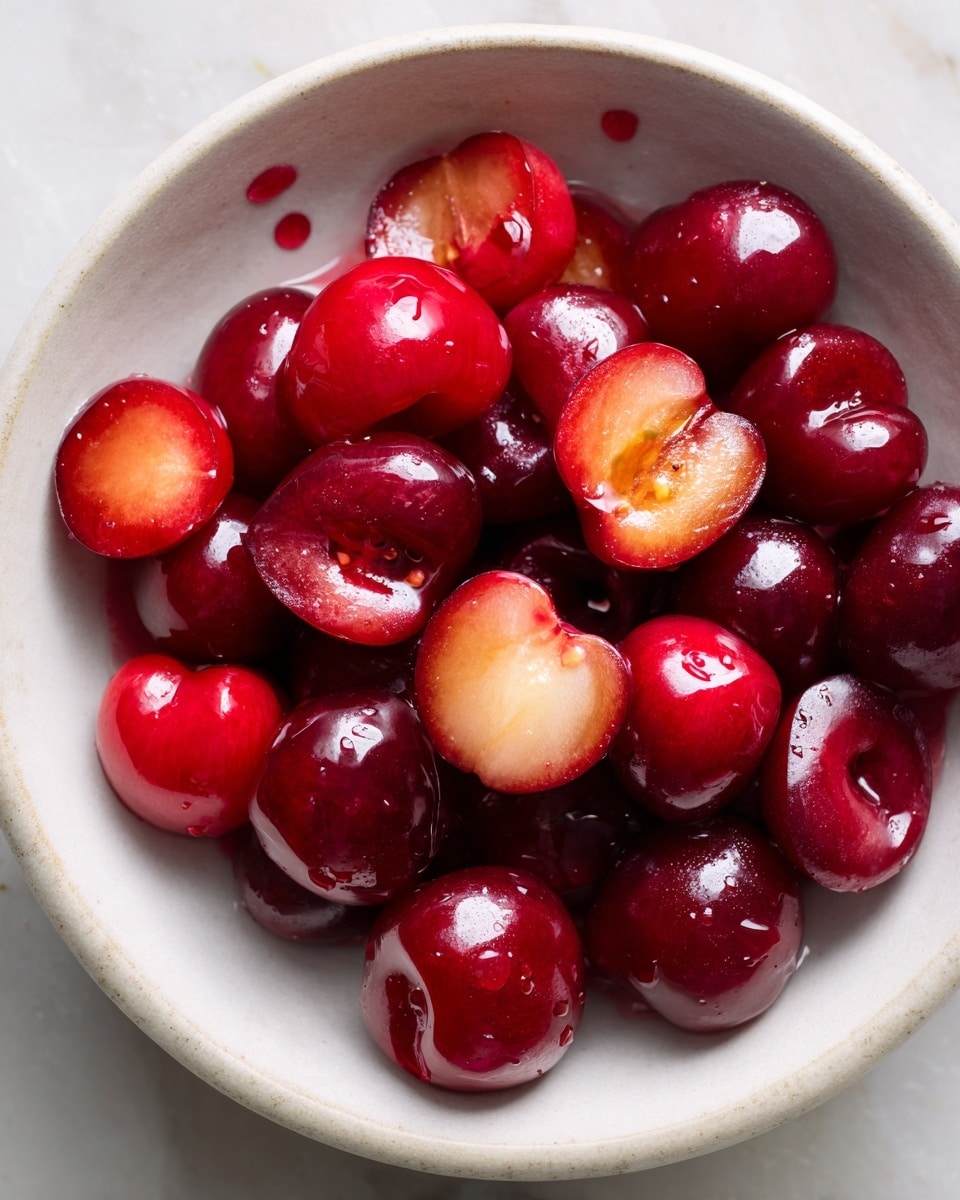 A close-up view of a shallow white ceramic bowl filled with about two layers of fresh, halved cherries. The cherries show deep red and some lighter red colors with glossy, juicy textures. Some cherries have small pits and a few have lighter, yellow-red inside parts exposed. The bowl sits on a white marbled surface, and there are a few drops of cherry juice on the edge of the bowl. photo taken with an iphone --ar 4:5 --v 7