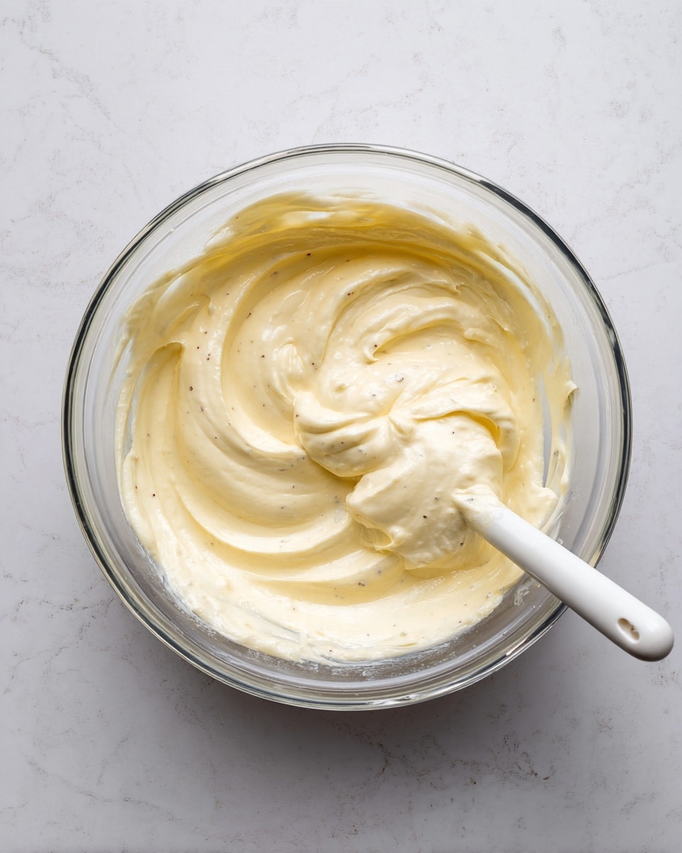 A clear glass mixing bowl sits on a white marbled surface, filled with a thick, creamy, pale yellow mixture with tiny black specks throughout, showing a smooth and fluffy texture. The mixture has gentle folds and swirls created by mixing, and a white mixer paddle is partially dipped into the mixture on the right side of the bowl. The light reflects softly on the mixture, emphasizing its rich and airy consistency. photo taken with an iphone --ar 4:5 --v 7