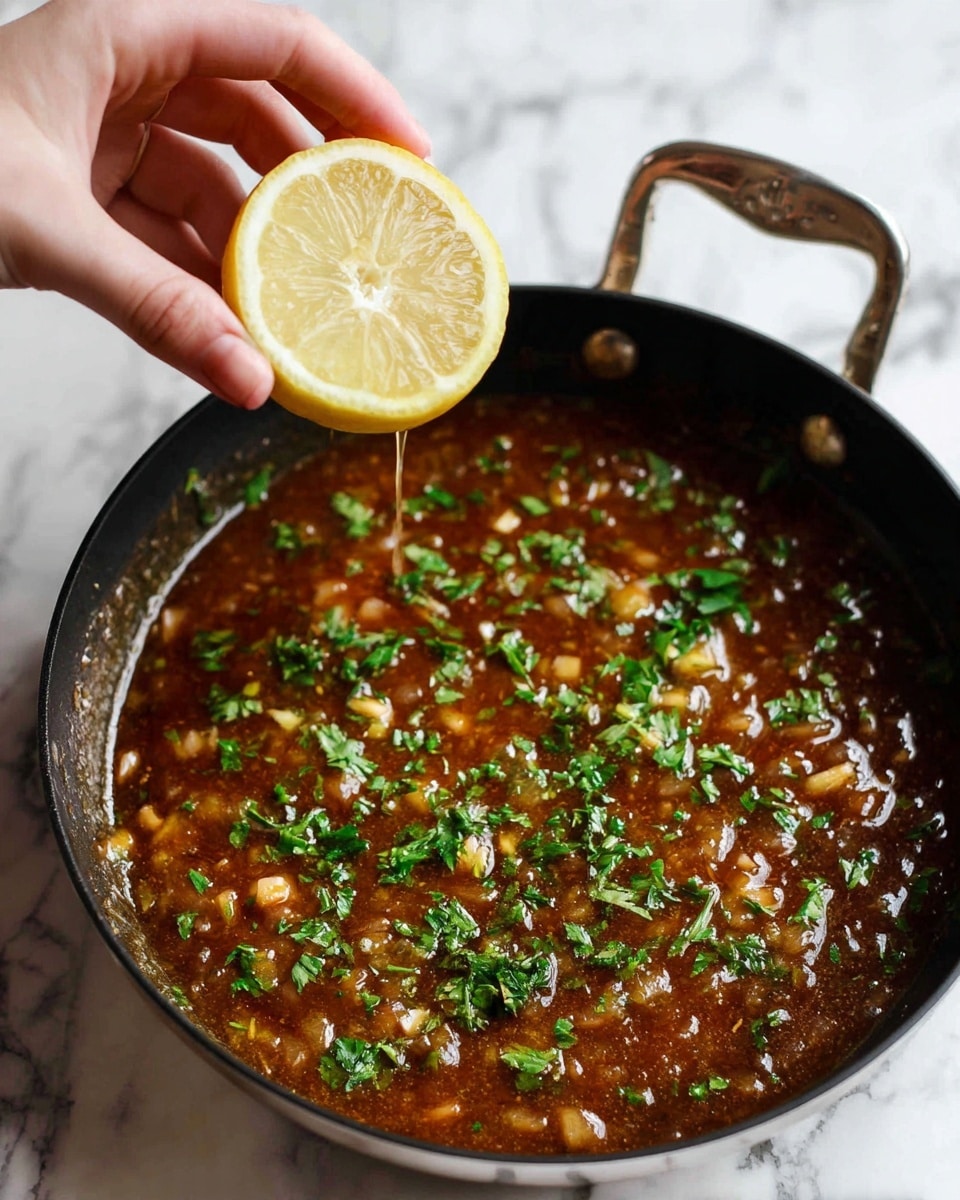 A black pan filled with brown sauce that has small chunks and pieces in it, topped with chopped green herbs scattered across the surface. Above the pan, a woman's hand is holding half a yellow lemon, positioned as if squeezing it over the sauce. The pan sits on a white marbled surface. photo taken with an iphone --ar 4:5 --v 7