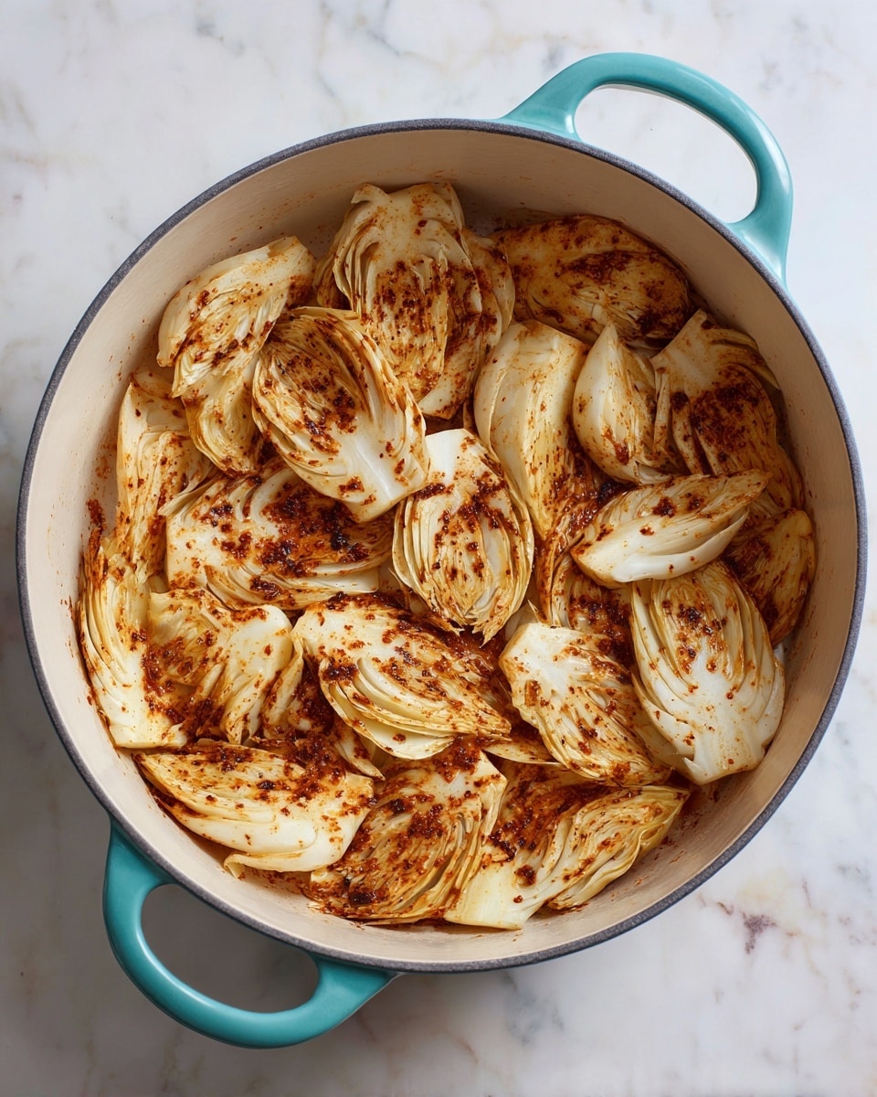 A round white pot with teal handles contains cooked endive pieces, arranged in one layer, with a mix of light yellow and brown colors. The endive has a soft texture with some caramelized edges and is covered with a reddish-brown seasoning or sauce that is spread unevenly across all the pieces. The pot sits on a white marbled surface. photo taken with an iphone --ar 4:5 --v 7