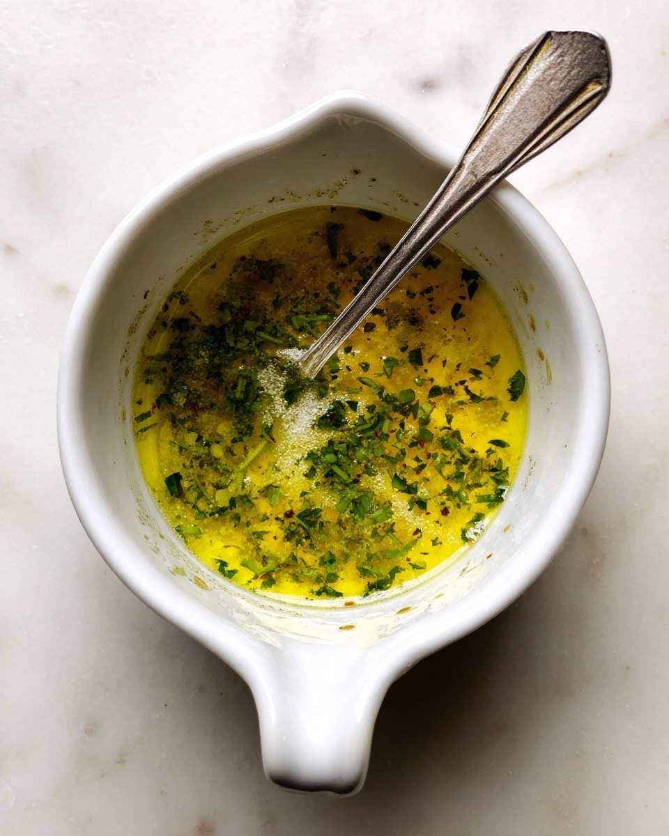 The image shows a white ceramic mixing bowl with a handle, filled with a yellowish-green sauce or dressing with visible small green herb pieces and some oil droplets on the surface. A silver spoon stands inside the bowl. The bowl is placed on a white marbled surface. photo taken with an iphone --ar 4:5 --v 7