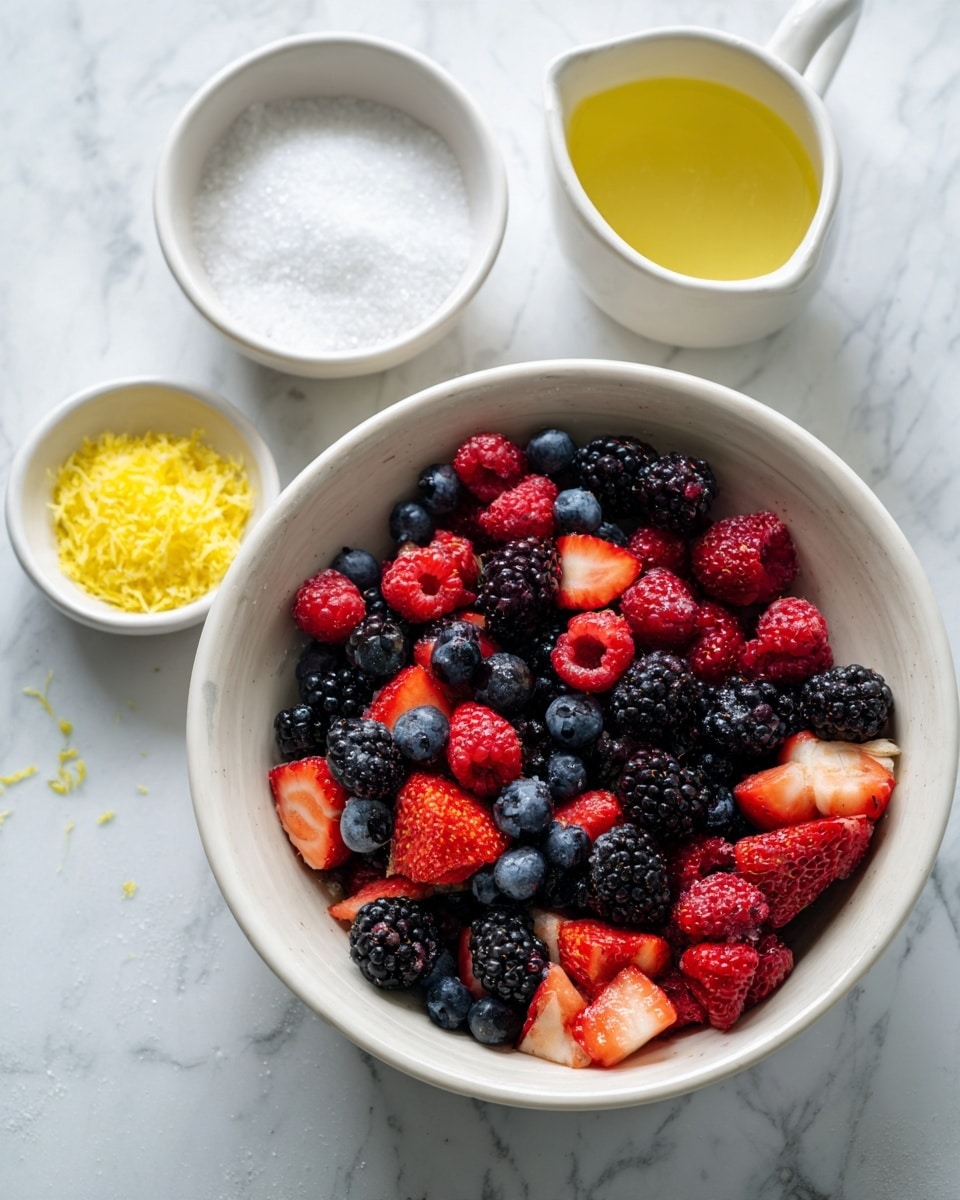 A round white bowl filled with a colorful mix of fresh berries, including dark blackberries, red raspberries, bright strawberries cut into pieces, and small blue blueberries, sits on a white marbled surface. To the left of the bowl, there are two small white bowls; one contains white granulated sugar, and the other has finely grated yellow lemon zest. Behind these, a small white cup holds a light yellow liquid, possibly oil or juice. The objects are arranged neatly, showing a clean and bright setup with vivid colors and textures. photo taken with an iphone --ar 4:5 --v 7