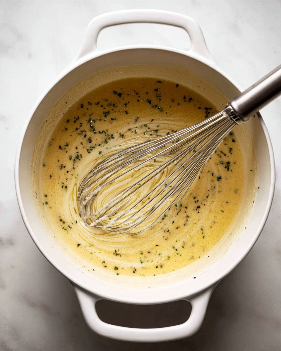 A white pot with two handles holds a yellowish mixture filled with tiny black and green specks, looking creamy with a slightly thick texture. A silver metal whisk rests in the pot, partially submerged in the mixture, showing swirling patterns on the surface. The pot sits on a white marbled background. photo taken with an iphone --ar 4:5 --v 7