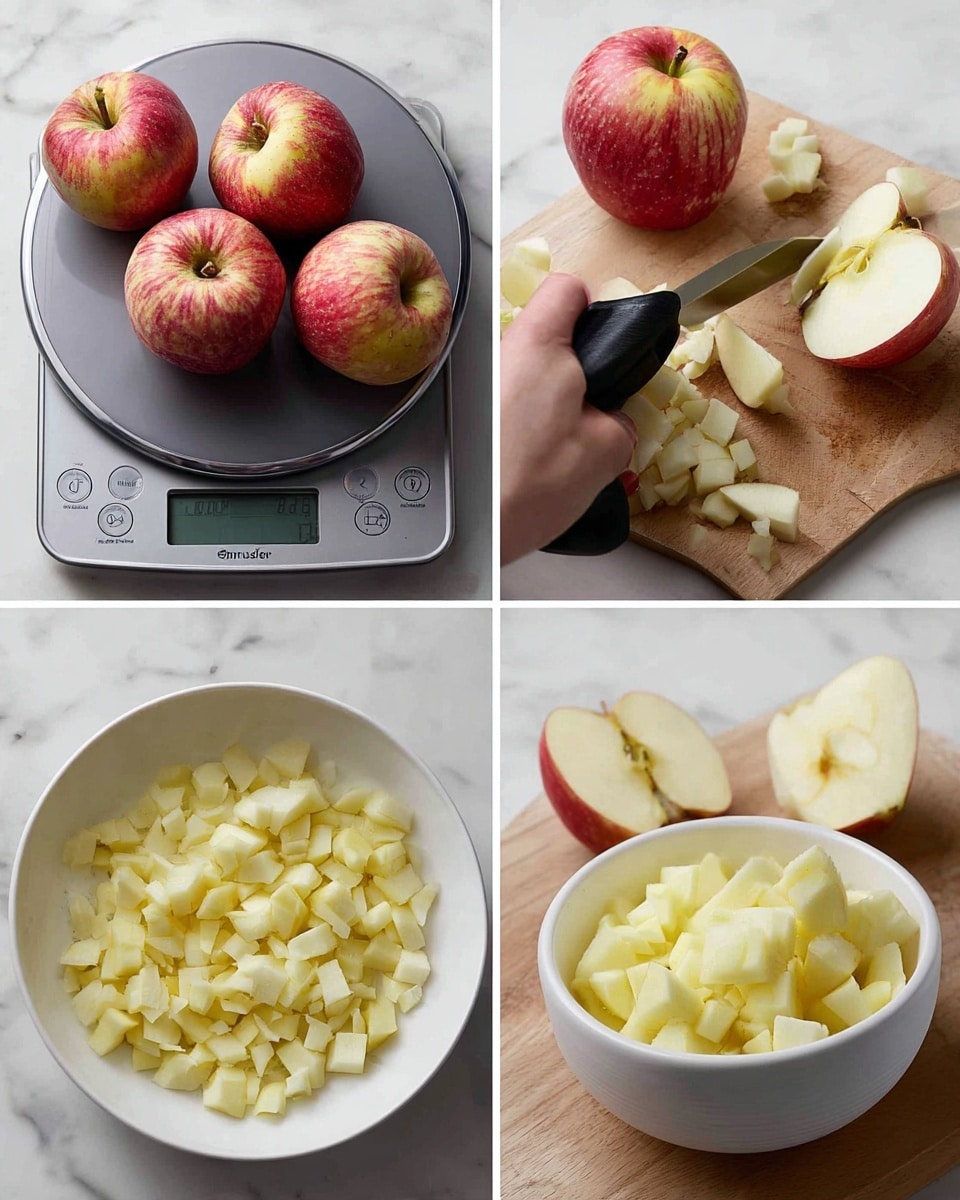 Four images show the process of preparing apples. The first image has four whole apples with red and yellow skin on a gray digital scale placed on a white marbled surface. The second image shows a woman's hand peeling a red and yellow apple with a black peeler on a light wooden board with apple peels around. The third image has four fully peeled apples with creamy white flesh on the same light wooden board. The fourth image is a white bowl full of small, evenly diced apple pieces with pale yellow color. photo taken with an iphone --ar 4:5 --v 7