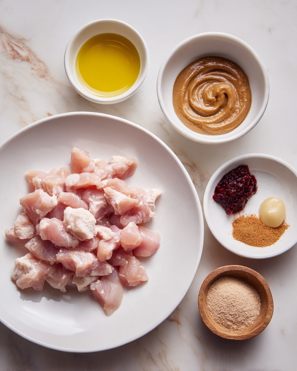 A white plate filled with small, light pink chunks of raw chicken piled at the center is placed on a white marbled surface. Above the plate are four small white bowls and one small wooden bowl arranged in a semi-circle, each containing different ingredients: a bowl of thick, smooth brown sauce with a swirl pattern, a bowl of clear yellow oil, a bowl with a mix of dark red paste and a small dollop of pale yellow paste on top, and a wooden bowl filled with a combination of two dry powders in brown and beige colors. Photo taken with an iphone --ar 4:5 --v 7