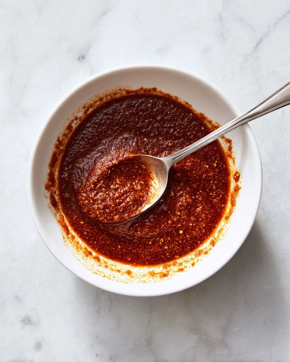 A white bowl sits on a white marbled surface, holding a thick reddish-brown sauce with a slightly grainy texture that covers about half of the bowl's base. A silver spoon rests inside the bowl, partially covered with the sauce, with small splashes of sauce splattered irregularly around the inner rim. The sauce looks rich and paste-like, with a mix of darker and lighter red tones throughout, giving a sense of depth and spice photo taken with an iphone --ar 4:5 --v 7