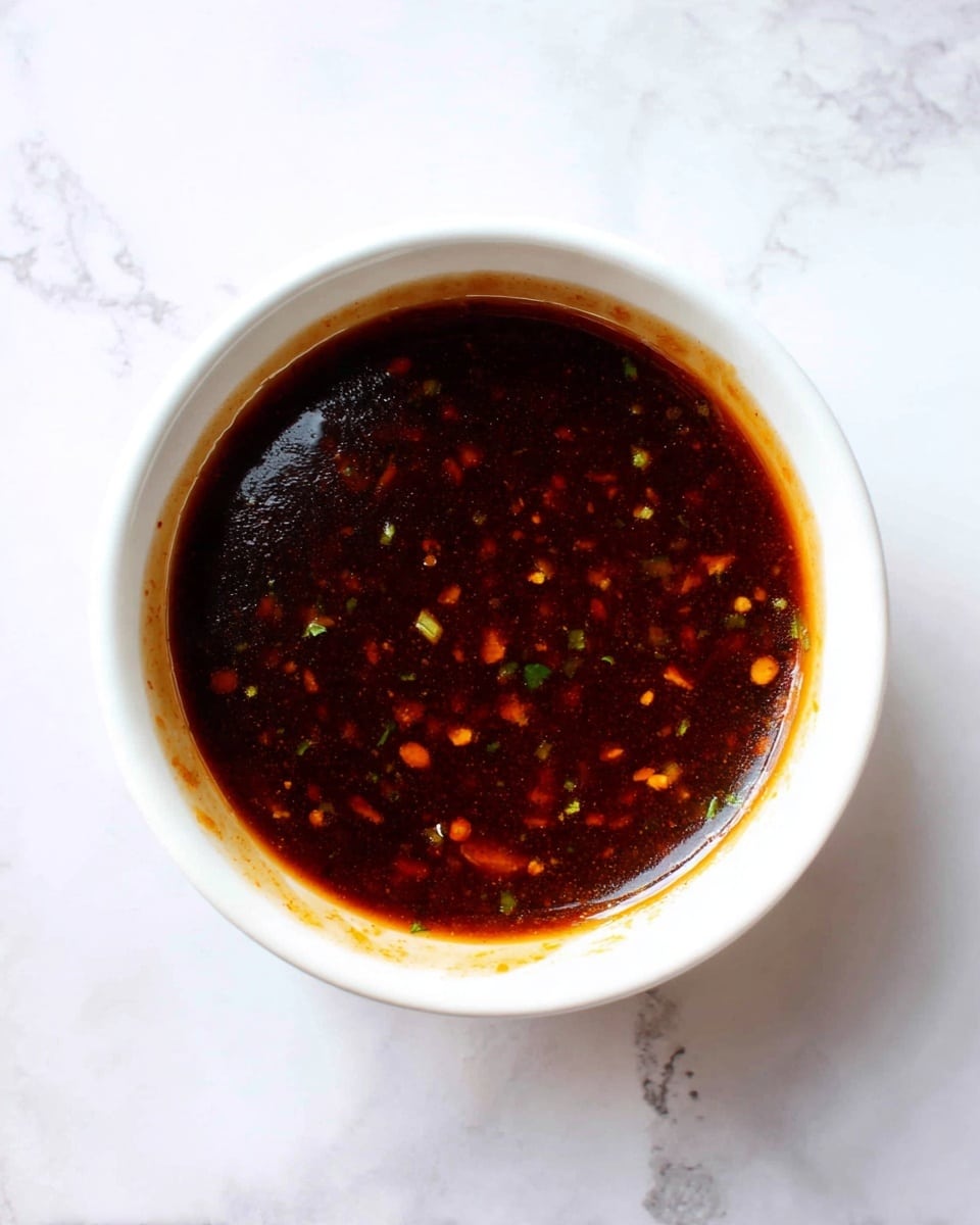 A white bowl with a thick dark brown sauce inside, showing small particles of herbs and spices floating and settled at the bottom. The edges of the bowl have some sauce stains, and the bowl is placed on a white marbled surface. The texture of the sauce looks somewhat smooth with bits of seasoning visible throughout. photo taken with an iphone --ar 4:5 --v 7
