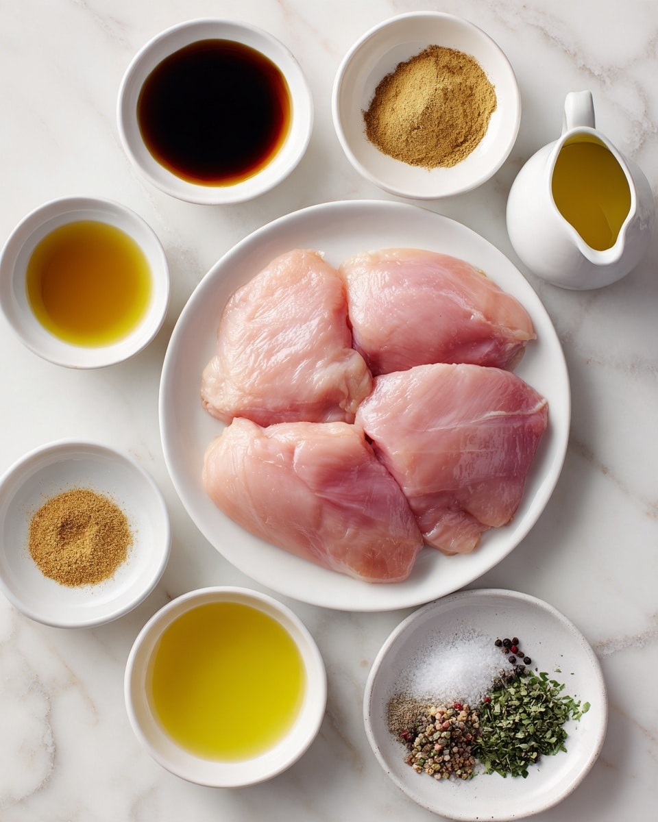 A photo shows a top view of a white plate in the center holding four large pieces of raw pale pink chicken with a smooth texture. Around the plate, six small white bowls are placed on a white marbled surface. The bowls contain different ingredients: a dark brown liquid, a golden brown powder, a thick yellow sauce, a dark soy-like sauce, bright yellow olive oil in a small white pitcher, and a mix of spices including salt, black pepper, and green herbs on a small white plate. The arrangement is neat and well spaced. photo taken with an iphone --ar 4:5 --v 7