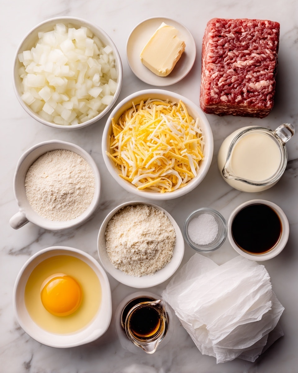 The image shows an overhead view of various ingredients arranged neatly on a white marbled surface. There are eleven small white bowls and dishes, each holding different ingredients: one bowl contains diced white onions densely piled, another holds shredded yellow cheese, a dish has a yellow egg yolk with egg white around, and others contain breadcrumbs, flour, grated cheese, a pat of butter, a small cup of dark liquid, a creamy liquid in a glass jug, and a small bowl of white powder. To the right side, a block of raw ground meat wrapped in white paper is placed directly on the marbled surface. The ingredients are evenly spaced, showing a clean and organized presentation. photo taken with an iphone --ar 4:5 --v 7