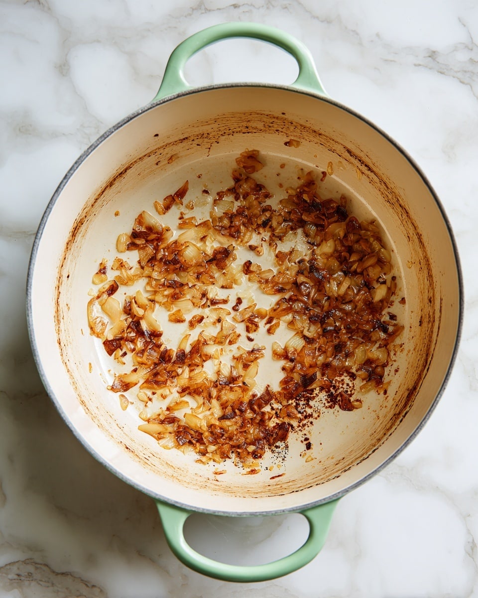 A white pot with two light green handles is shown from above, sitting on a white marbled surface. Inside the pot, there are scattered small pieces of cooked onions that are caramel brown, spread unevenly across the bottom with some parts lighter and some darker in color, showing a textured mix of soft and slightly crispy bits. The pot’s inner surface is cream-colored with some light brown cooking marks where the onions have stuck slightly. Photo taken with an iphone --ar 4:5 --v 7