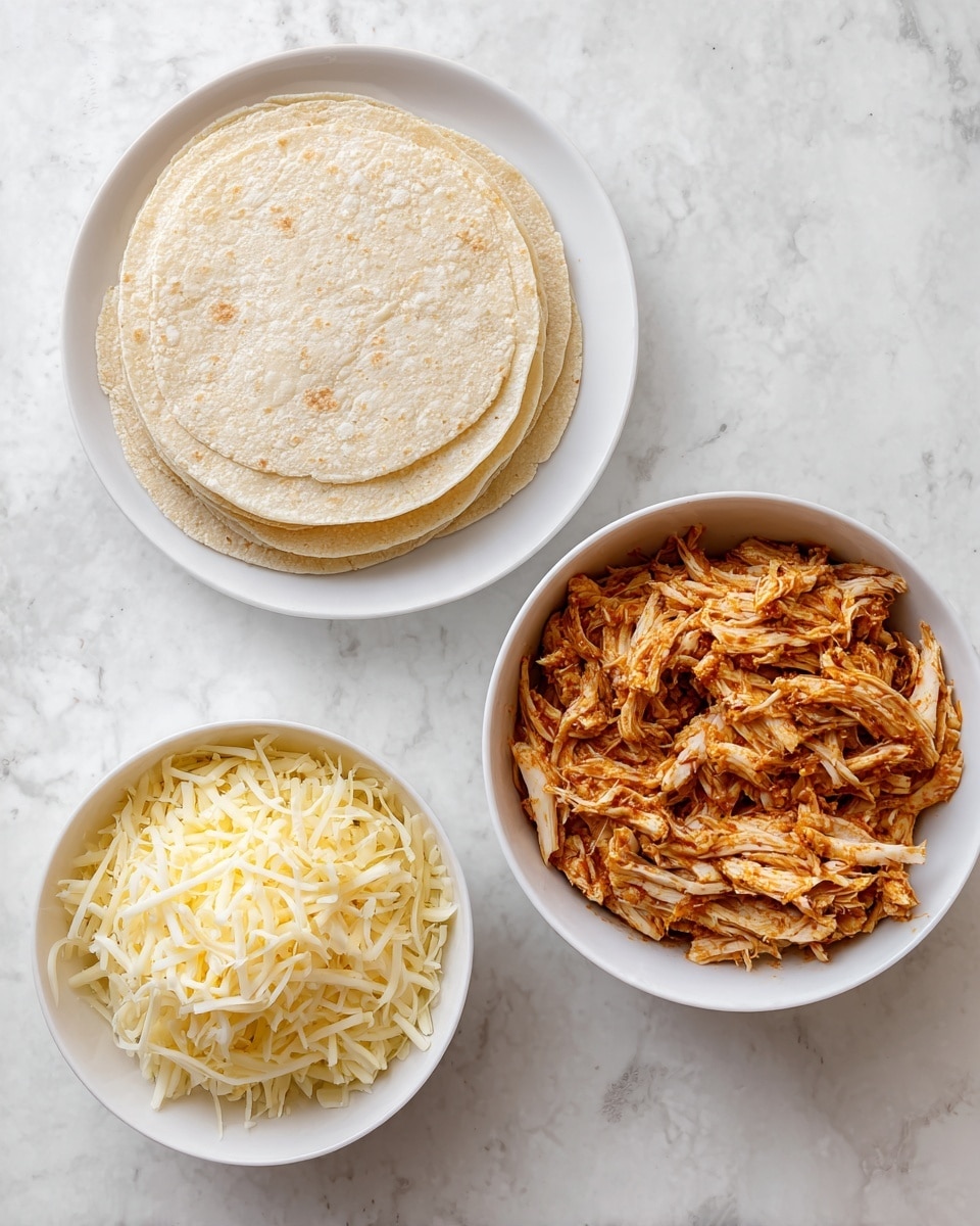 The image shows three white bowls on a white marbled surface. The top left bowl holds a neat stack of light beige corn tortillas with a slightly rough texture. To the right, a larger white bowl is filled with shredded chicken mixed with a reddish-brown sauce, giving it a moist and flavorful appearance with visible fibrous texture. At the bottom, another white bowl contains a heap of shredded yellow and white cheese, thinly shredded and loosely piled, showing the contrast of its smooth texture against the chicken. photo taken with an iphone --ar 4:5 --v 7